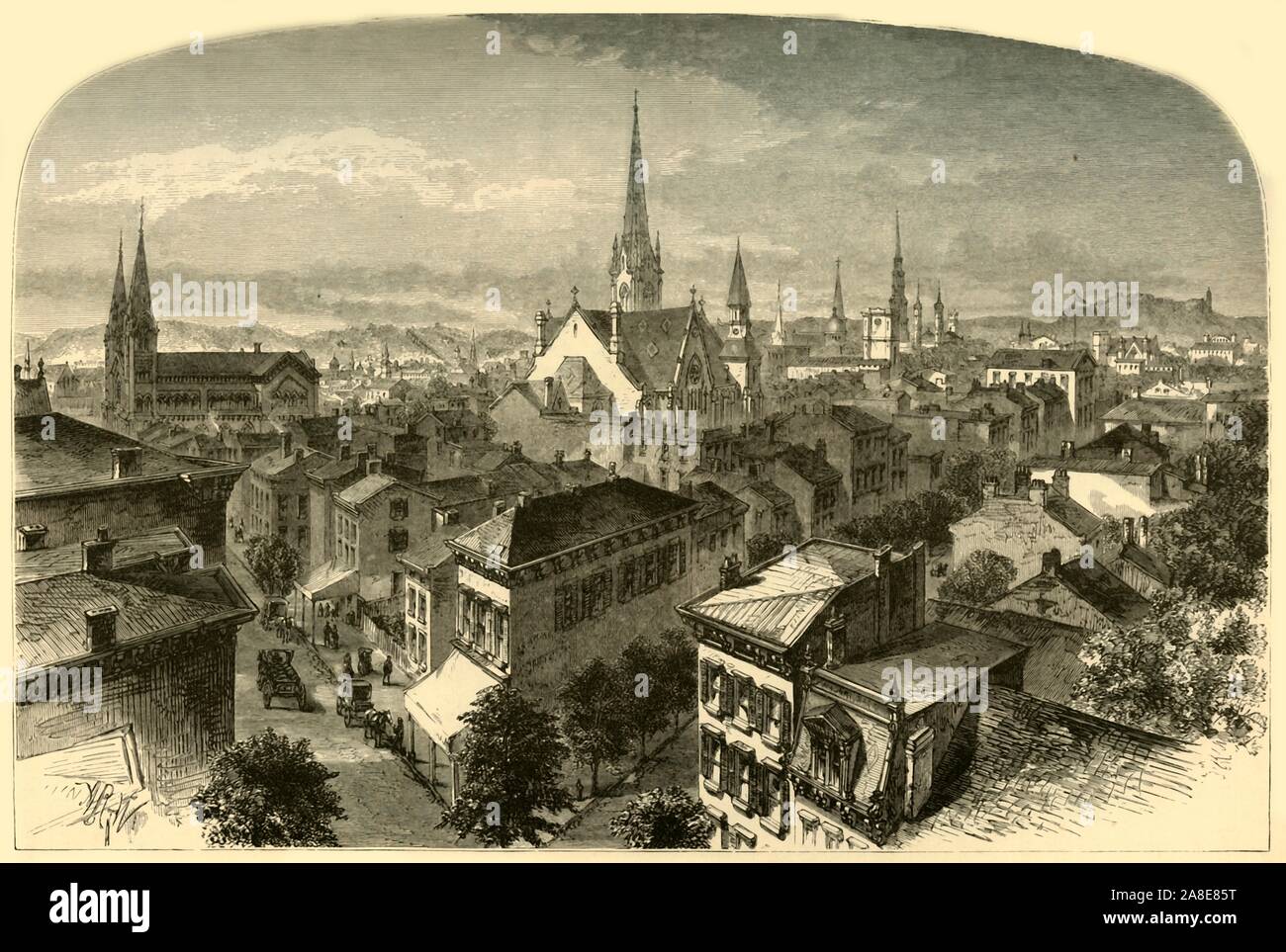 "Cincinnati, Blick von der Carlisle Hotel', 1874. Kirchtürme in der Stadt Cincinatti, Ohio, USA. Von "Malerische Amerika; oder, in das Land, in der wir leben, eine Abgrenzung durch Kugelschreiber und Bleistift auf die Berge, Flüsse, Seen... mit Abbildungen auf Stahl und Holz von bedeutenden amerikanischen Künstlern" Vol. II, von William Cullen Bryant bearbeitet werden. [D. Appleton und Company, New York, 1874] Stockfoto