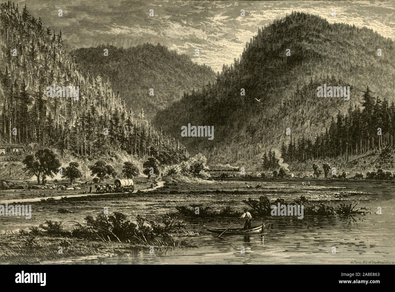 "Tyrone Lücke, Blick von der Brücke", 1874. Die Juniata Flusses, Pennsylvania, USA. "Die Hügel, am Fuße der Berge liegen zeigen schöne Bauernhäuser und deep-green-leaved Mais. Die Berge... so aussehen, als ob sie hatten Cleft-spalten, für die es eine große Lücke zwischen zwei Bergen ist. Diese in der Vergangenheit war zweifellos die Arbeit des Juniata [Fluss], und war nicht so schwer wie es aussieht; für die shaly Berge sind sehr unterschiedlich von den festen Kalkstein, durch die die Kanata seinen Weg schneidet mit Trenton fällt'. Von "Malerische Amerika; oder, in das Land, in der wir leben, eine Abgrenzung von Pen ein Stockfoto