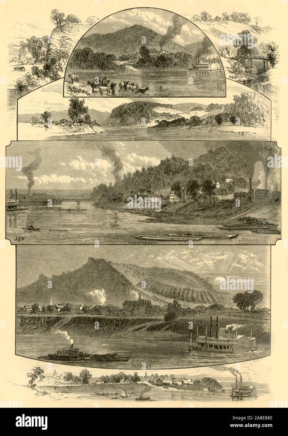 Die cenes auf dem Ohio, Oben und Unten Cincinnati", 1874. Weinberge unten Cincinatti; Parkersburg; Patriot', am Ohio River, Indiana und Ohio, USA. Unten rechts ist der "Raddampfer General Buell". Von "Malerische Amerika; oder, in das Land, in der wir leben, eine Abgrenzung durch Kugelschreiber und Bleistift auf die Berge, Flüsse, Seen... mit Abbildungen auf Stahl und Holz von bedeutenden amerikanischen Künstlern" Vol. II, von William Cullen Bryant bearbeitet werden. [D. Appleton und Company, New York, 1874] Stockfoto