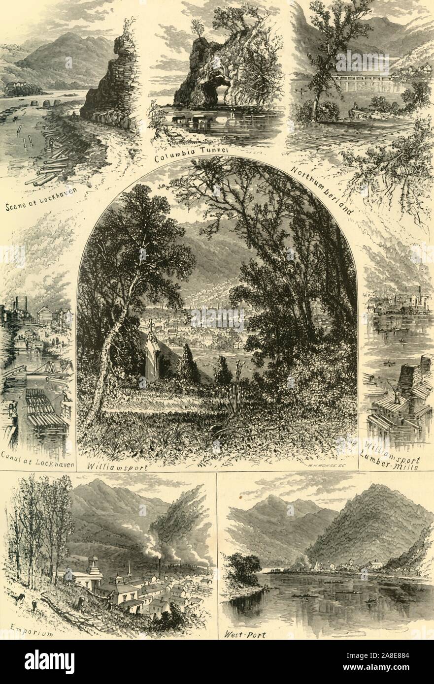 Die cenes auf dem Susquehanna', 1874. "Szene am Lockhaven; Columbia Tunnel; Northumberland; Canal an Lockhaven; Laibach; Laibach; Lumber-Mills Emporium; West-Port', auf dem Susquehanna River, im Osten der USA. Von "Malerische Amerika; oder, in das Land, in der wir leben, eine Abgrenzung durch Kugelschreiber und Bleistift auf die Berge, Flüsse, Seen... mit Abbildungen auf Stahl und Holz von bedeutenden amerikanischen Künstlern" Vol. II, von William Cullen Bryant bearbeitet werden. [D. Appleton und Company, New York, 1874] Stockfoto