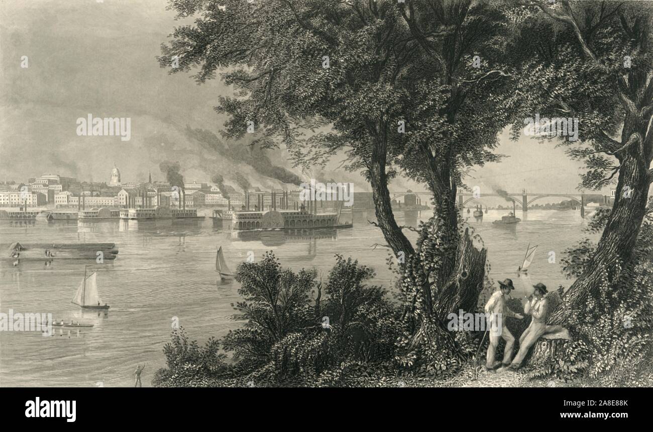 "Die Stadt von St. Louis, 1874. Raddampfer auf dem Mississippi Fluss in St. Louis, Missouri, USA. Von "Malerische Amerika; oder, in das Land, in der wir leben, eine Abgrenzung durch Kugelschreiber und Bleistift auf die Berge, Flüsse, Seen... mit Abbildungen auf Stahl und Holz von bedeutenden amerikanischen Künstlern" Vol. II, von William Cullen Bryant bearbeitet werden. [D. Appleton und Company, New York, 1874] Stockfoto