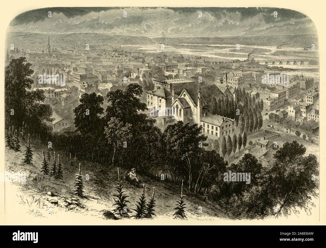 "Ubuque, von Kelly's Bluff", 1874. Blick auf die Stadt auf dem Fluss Mississippi Dubuque, Iowa, USA. Die Illinois Central Railroad Bridge können Sie auf der rechten Seite gesehen werden. Von "Malerische Amerika; oder, in das Land, in der wir leben, eine Abgrenzung durch Kugelschreiber und Bleistift auf die Berge, Flüsse, Seen... mit Abbildungen auf Stahl und Holz von bedeutenden amerikanischen Künstlern" Vol. II, von William Cullen Bryant bearbeitet werden. [D. Appleton und Company, New York, 1874] Stockfoto