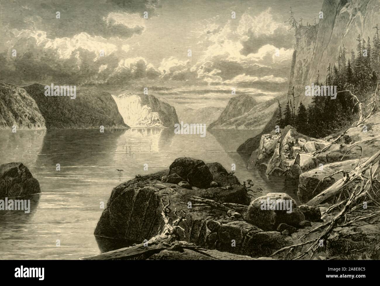 'Point Noir, Trinity Rock und Cape Ewigkeit, Saguenay River', 1874. Die Ufer des Saguenay River, Quebec, Kanada. "Für den Rest des Tages sind wir Werktätigen durch wie Wildnis von bowlders, Abgründe, und die Berge. Wir adieu zu Trinity und Ewigkeit am Point Noir, Gewinde der desolaten Labyrinthe von St. Louis Insel, und bald sind Durchgangspunkt Krepp, wo die Felsen, den ewigen Felsen, in der Ferne wie der Kanal eines ausgetrockneten Katarakt' suchen. Von "Malerische Amerika; oder, in das Land, in der wir leben, eine Abgrenzung durch Kugelschreiber und Bleistift auf die Berge, Flüsse, Seen... mit der Abbildung Stockfoto