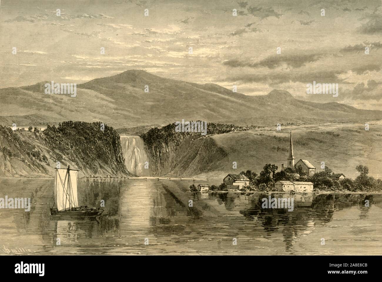 Fällt. von Montmorency', 1874. Wasserfall an der Montmorency Fluss in Québec, Kanada. ' ... Den Fluss Montmorency schimmert in der vollkommenen Ruhe ... Der stream wird hier durch die Insel von Orleans, eine tiefliegende Erreichen von Farmen aufgeteilt, mit Haine von Kiefer und Eiche embowering romantische kleine Farm-Häuser und Hütten". Von "Malerische Amerika; oder, in das Land, in der wir leben, eine Abgrenzung durch Kugelschreiber und Bleistift auf die Berge, Flüsse, Seen... mit Abbildungen auf Stahl und Holz von bedeutenden amerikanischen Künstlern" Vol. II, von William Cullen Bryant bearbeitet werden. [D. Appleton und Company, New York, 1874] Stockfoto