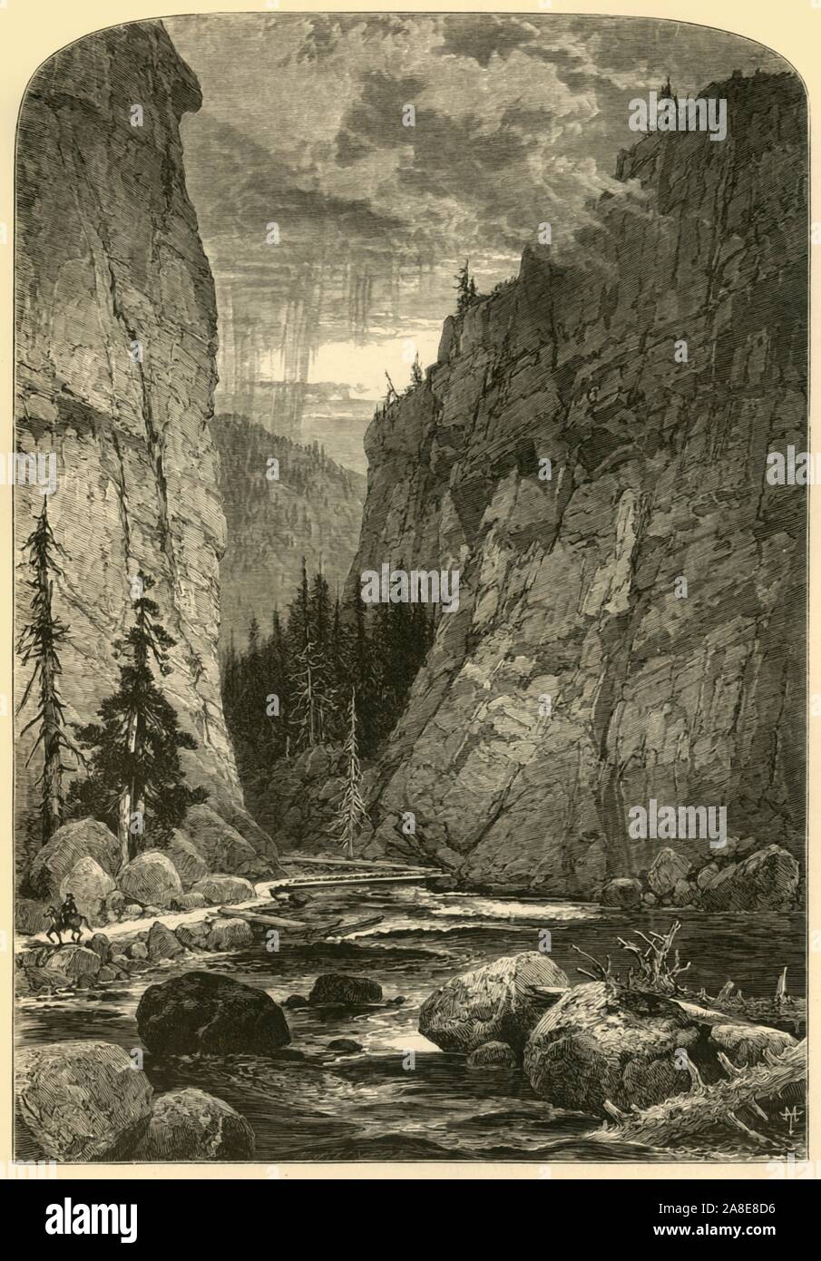 "Bowlder Ca&#xf1; auf', 1874. Der Colorado River durch Boulder Canyon fließt, (ursprünglich Devils Gate Canyon), zwischen Nevada und Arizona, USA. "... Wir geben Sie die Bowlder Ca&#xf1; auf, tief in den Gesteinen der Fuß geschnitten - Hügel für 17 Meilen, mit Wänden aus Felsen, die steil bis auf eine Höhe von 3000 Meter steigen. Ein sprudelnder Bach stürzt in der Mitte, in seinem Lauf durch plump aussehende Steine gebrochen, und die Gefallenen Gliedmaßen von Bäumen, die aus den kargen Boden und Moos in den Felsspalten entrissen wurden. Das Wasser verfärbt ist und Dick". Von "Malerische EIN Stockfoto