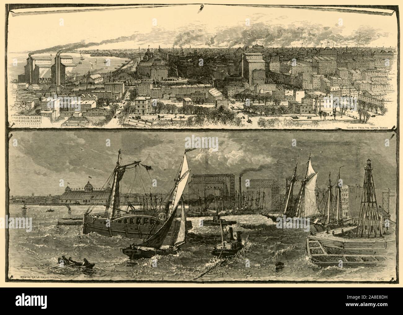 "Chicago", 1874. Blick auf den Lake Michigan und der Stadt Chicago, Illinois, USA: "Die Stadt vom Wasser aus Werken; Mund des Chicago River'. "Chicago am westlichen Ufer des Lake Michigan befindet... An der Mündung der Bucht, oder den Fluss. Die Website des Unternehmens Teil befindet sich 14 Meter über dem Niveau der See ... es in drei Teilen, die durch einen flußarm aufgeteilt ist, den Chicago River, die sich vom Ufer des Sees über fünf Achtel der eine Meile genannt, dann in zwei Zweige teilt, läuft, nach Norden und nach Süden, fast parallel zu den See, über zwei Meilen in jeder Richtung. Der Fluss und seine Niederlassungen, mit n Stockfoto