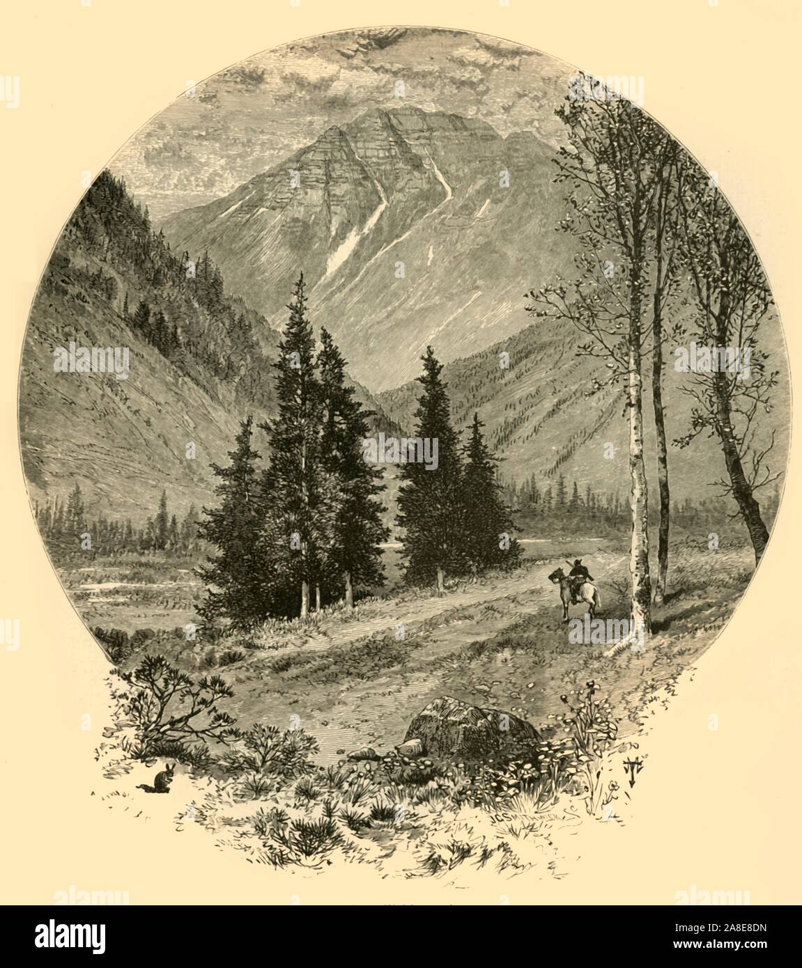 Teocalli 'Berg', 1874. Blick auf einen Höhepunkt in der Elk Berge, Teil der Rocky Mountains, Colorado, USA. "Schlagen wir unsere Zelte in der Nähe der Basis der eine riesige Pyramide, bedeckte mit Schichten aus rotem Sandstein, die wir Namen Teocalli, aus dem aztekischen Wort "Pyramide der Opfer". Die Aussicht von unserem Camp ist - wir übertreffen sollte man sagen, könnten wir uns erinnern oder entscheiden, welche von den Schönheiten haben wir die größte ist. Zwei Hügel Neigung in Richtung Tal, wo wir stationiert sind, letztlich fallen einander in die Arme. Zwischen ihren Schultern gibt es eine breite Lücke ist, und auf der Rückseite, die ma Stockfoto