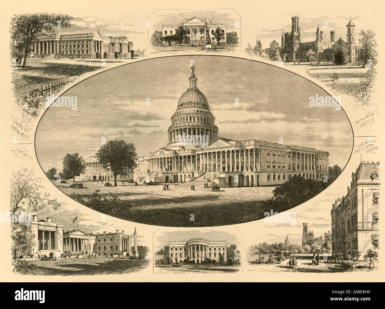 'Öffentliche Gebäude in Washington", 1874. "Treasury; Weiße Haus Vorderansicht; Smithsonian Institute; [Capitol], Rathaus, Weiße Haus Rückansicht; Blick von landwirtschaftlichen Gründe", Washington DC, USA. "Das auffälligste Objekt in Washington ist zweifellos die herrlichen weißen Marmor Capitol... Es erhebt sich majestätisch über alle umgebenden Objekte, mitten in einem Nest von Dick und dunkel grünen Laub, auf einen Hügel des Berges, auf die er seinen Namen gibt; seine sehr hohen Kuppel, mit ihren Reihen von Säulen, die die reiche Ornamentik, und seinem Gipfel durch die kolossale Statue der Freiheit überwunden, Stockfoto