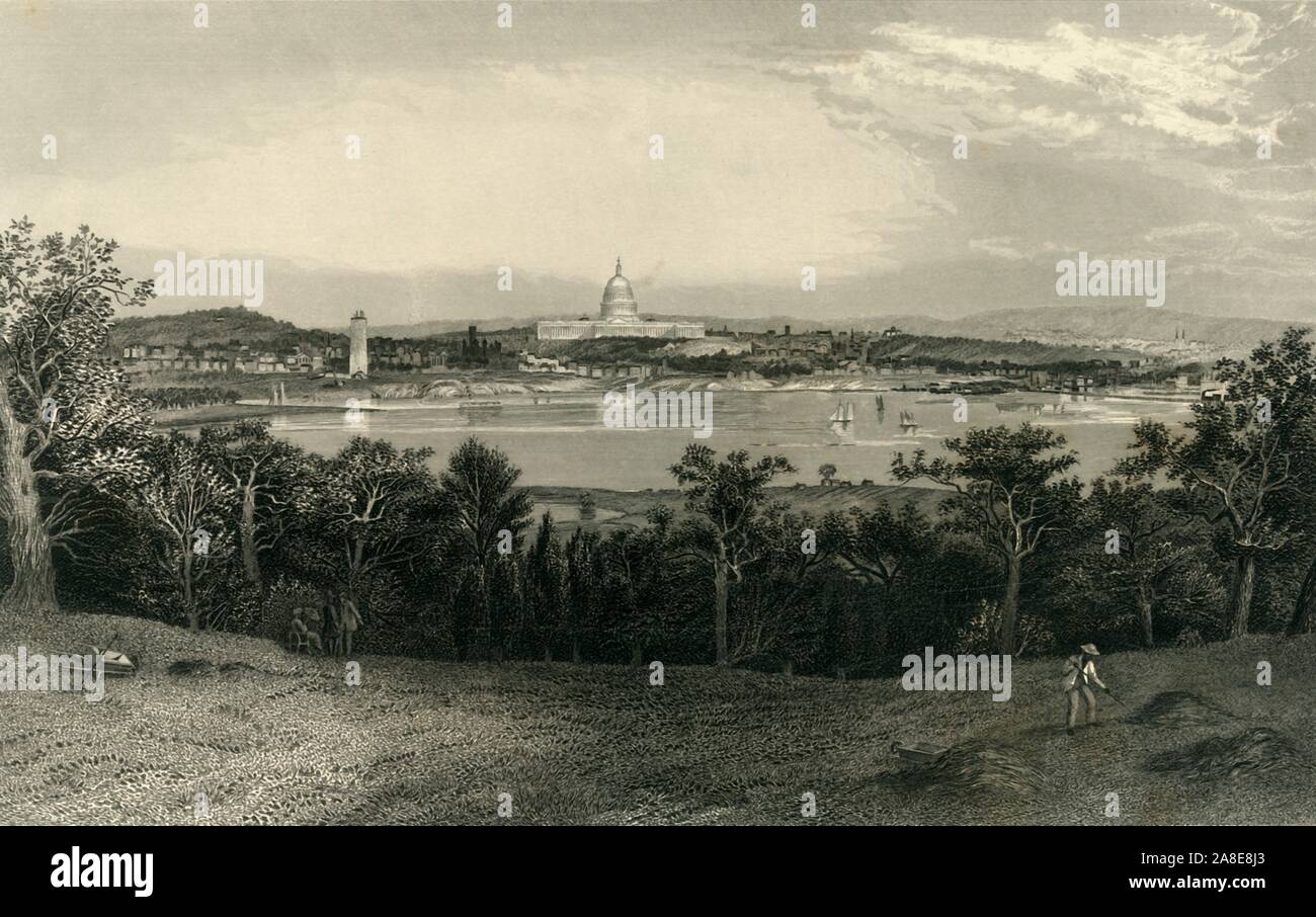 "Washington von Arlington Heights", 1874. Blick über den Potomac zum Capitol, Washington DC, USA. "Der Standort von dem ersten Kongress für die Hauptstadt der Vereinigten Staaten gewählt, und der Name des ersten Präsidenten getauft, ist eine ausgedehnte Hochebene, die ... steigt ein anmutiges Elevation, und auf zwei Seiten von den Fluss Potomac und seinem Nebenfluss, der "Östlichen Zweig" begrenzt. Der Hauptteil der Stadt, einschließlich seiner Business Viertel, ihre öffentlichen Gebäude, seine wichtigsten Durchgangsstraßen und seiner aristokratischen Residenzen, steht auf eine ziemlich ebene ... während der Capitol r Stockfoto