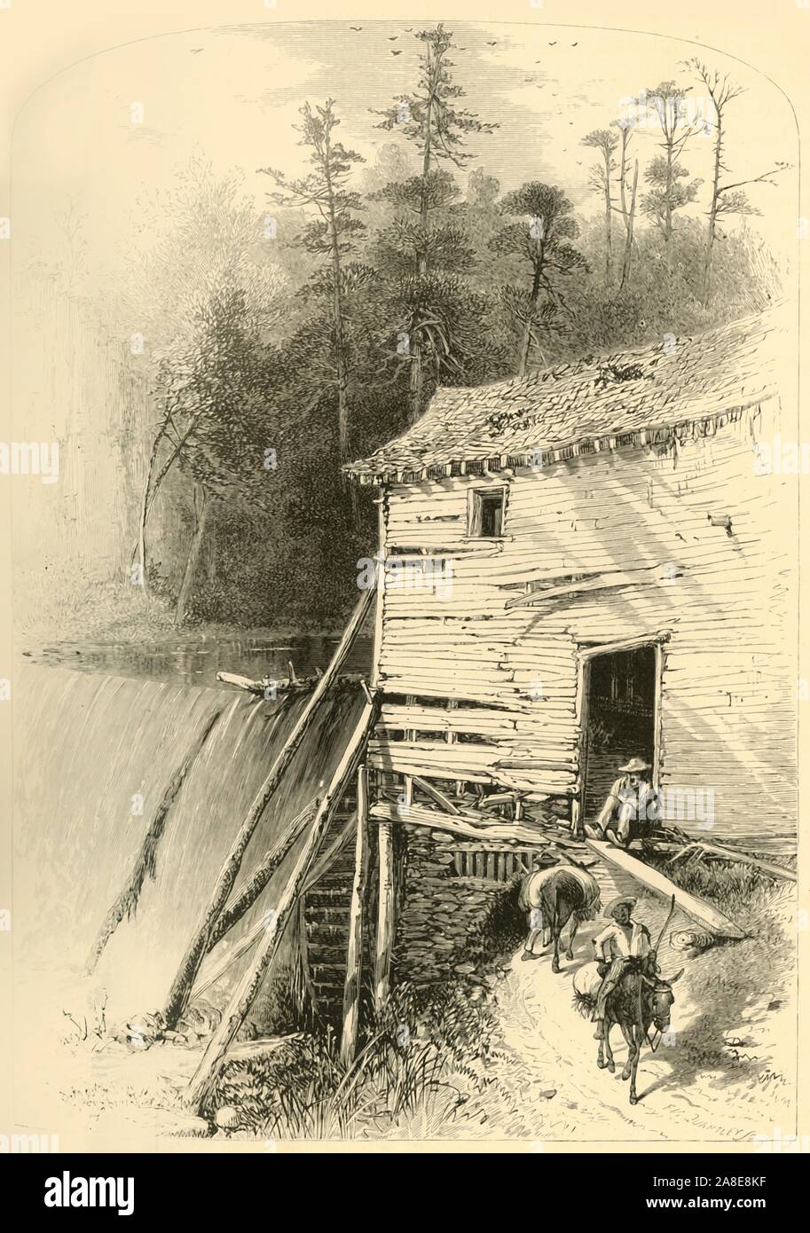'Alte Mühle - reems's Creek', 1872. Wassermühle auf reem's Creek, einem Nebenfluss des French Broad River, North Carolina, USA: "... eines der Wahrzeichen der Tage, als es ein Kampf zwischen dem Indischen und dem blassen Gesicht, welche dem Land halten. Der Bach entspringt in den Schwarzen Bergen, und mündet in den Französischen breit; und die Mühle ist historisch als das älteste Gebäude dieser Seite der Berge. Es wurde dort von den Siedler, von denen der Name abgeleitet ist, als eine Art fort, etwas von einem Store gebaut, und ein wenig an eine Mühle. Die alten Ford der Französischen Breite ist nur an der Mündung des Stockfoto
