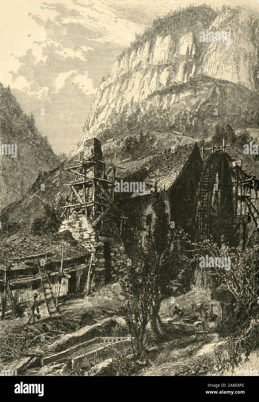 "Cumberland Gap, aus dem Osten', 1872. Wassermühle in der Nähe des Pass durch die Cumberland Mountains an der Grenze zwischen Kentucky und Virginia, USA. Der Schornstein wird in Holz Gerüste verkleidet. Frauen sind Wäsche im Vordergrund. Von "Malerische Amerika; oder, in das Land, in der wir leben, eine Abgrenzung durch Kugelschreiber und Bleistift auf die Berge, Flüsse, Seen... mit Abbildungen auf Stahl und Holz von bedeutenden amerikanischen Künstlern" Bd. I, herausgegeben von William Cullen Bryant. [D. Appleton und Company, New York, 1872] Stockfoto