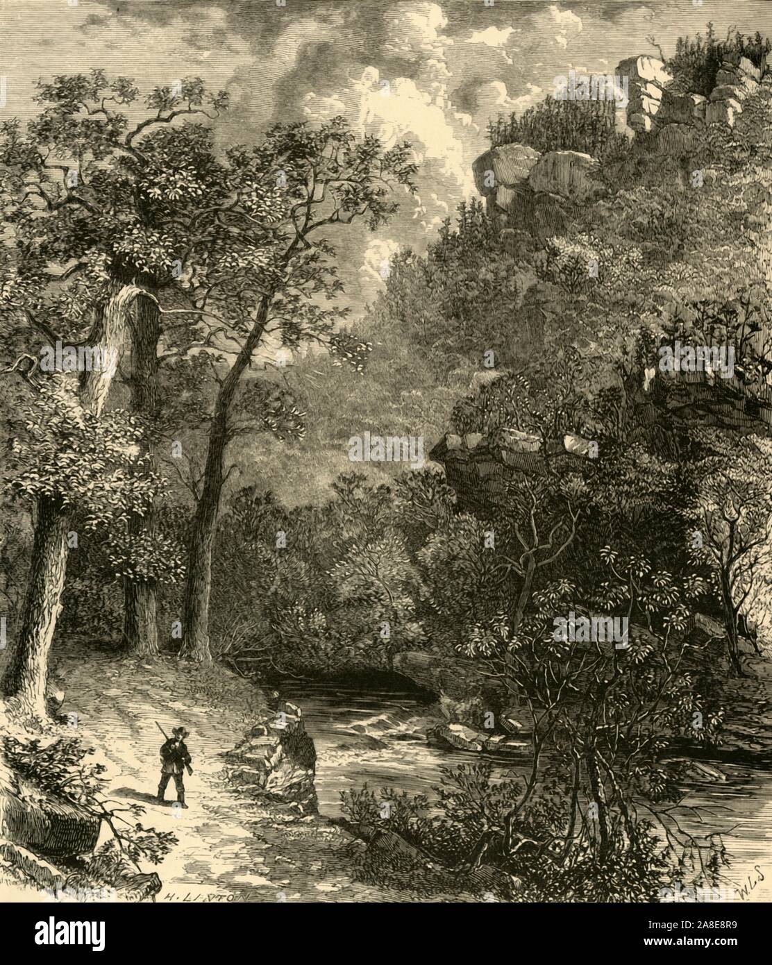 ' Goshen Pass', 1872. Schlucht durch die Passage von Maury River, Rockbridge County, Virginia, USA, die 'verlängert fast neun Meilen zwischen seinen finsteren Mauern gebildet! An seinem südöstlichen Eingang eine Feder von Schwefel - Wasser sprudelt aus einem Felsen in der Mitte des Streams, die dieses Zyklopische Schlucht durchquert. Der Fluss - Wasser, reine und süß, um den Acherontic pool, als wenn das meiden den Kontakt mit einer Flüssigkeit der so Infernal ein Geruch, dass es bei einer großen Entfernung wahrnehmbar ist... Worte sind von geringem Nutzen, und sogar den Bleistift ausfällt, können aber jeweils nur auf einer Seite von dieser gigantischen und schrecklich Stockfoto