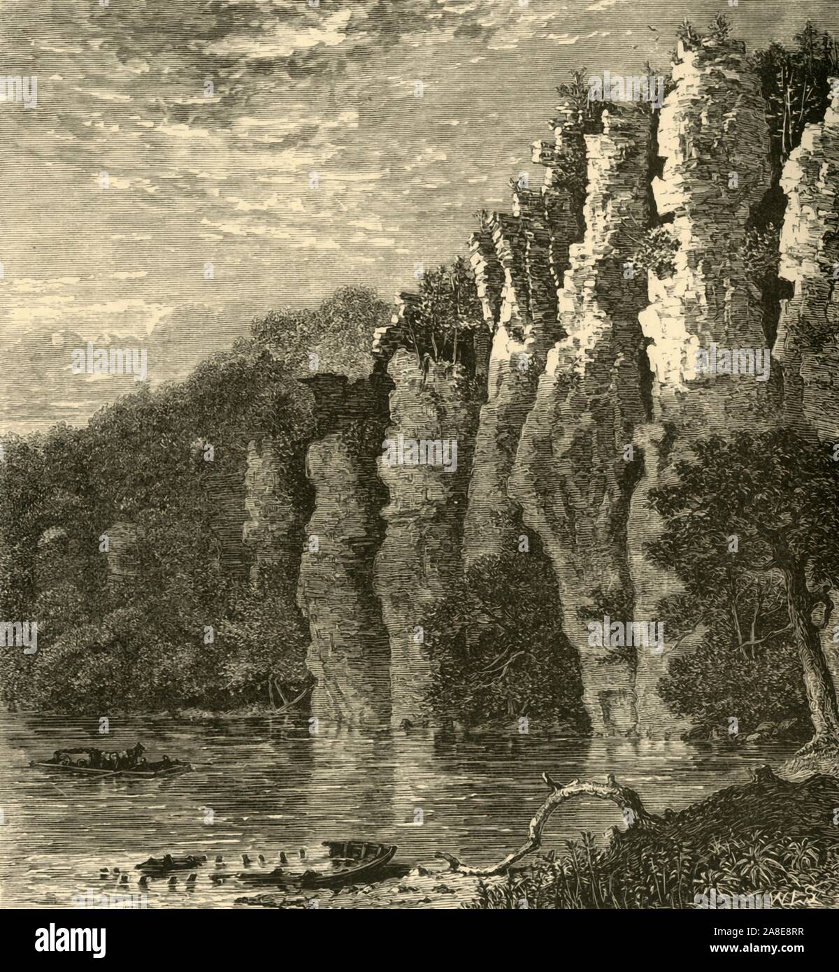 "Amboss Cliff', 1872. Felsformation auf dem New River, Virginia, USA: '... das robuste, Riven, und sonderbare Amboss Cliff hebt schrecklich, aber nicht abstoßend vorne.... Der höhenverstellbar, durch Triangulation festgestellt, wird zu zwei Hundert und neunzig sein - sechs Fuß - ein Over-estimate, wahrscheinlich. Die Klippen sind erhöht in immensen Laminae und in einer Ebene in der Regel schräg auf den Stream - ihre Farbe dunkel grau ... ihre Gipfel schwarz und Riven, begrenzt durch verdrillte und Sturm - gefärbt Zedern. Mächtige Wald - Bäume sind zwischen den Felsen eingefügt... Der allgemeine Aspekt der Szene ist Savage und Dantischer'. Von &quo Stockfoto