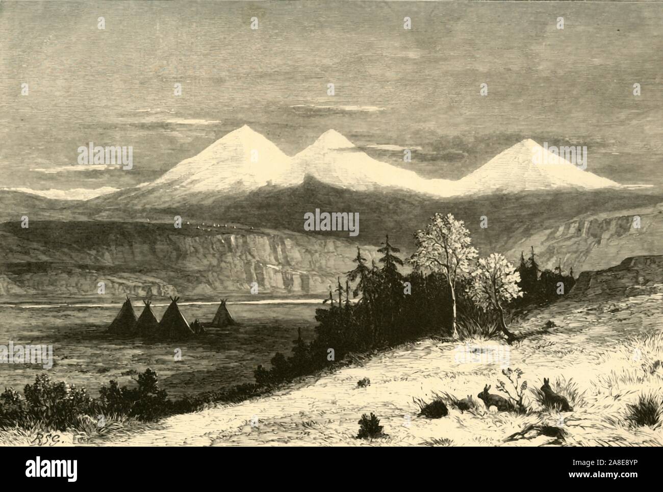 "Die Drei Schwestern", 1872. Vulkanischen gipfeln in Oregon, USA: triking die Gabeln des Mackenzie River in der Nähe von Eugene Stadt, die schneebedeckten Gipfel der Drei Schwestern Webstuhl bis in die angenehme Luft. Sie steigen aus einer Reihe von vulkanischen Hügeln, von mittlerer Höhe, zu einer beträchtlichen Höhe, werden mit ewigen Schnee bedeckte. Sie sind fast in der Größe gleich, und alle haben eine genaue Pyramidenform... Diese Ebenen sind mit einer dicken, saftigen Kräuter, viel von den Ponys der Indianer, die hier in großer Zahl feed genoss. Die Zelte der Meister sind ein auffälliges Merkmal in der Landschaft. Die Seiten von t Stockfoto