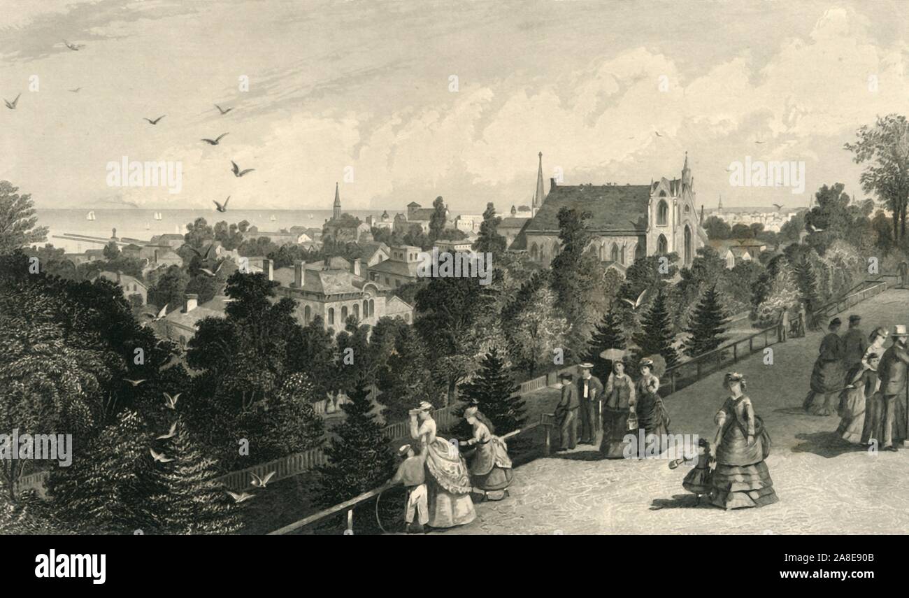 "Die Stadt von Cleveland, aus dem Behälter zu Fuß', 1872. Blick von der Spitze des Kentucky Street Behälter am Franklin Avenue mit Lake Erie in der Ferne, Cleveland, Ohio, USA. Menschen Promenade rund um den erhöhten rim die Aussicht bewundern - eine Frau ist mit Fernglas. Von "Malerische Amerika; oder, in das Land, in der wir leben, eine Abgrenzung durch Kugelschreiber und Bleistift auf die Berge, Flüsse, Seen... mit Abbildungen auf Stahl und Holz von bedeutenden amerikanischen Künstlern" Bd. I, herausgegeben von William Cullen Bryant. [D. Appleton und Company, New York, 1872] Stockfoto