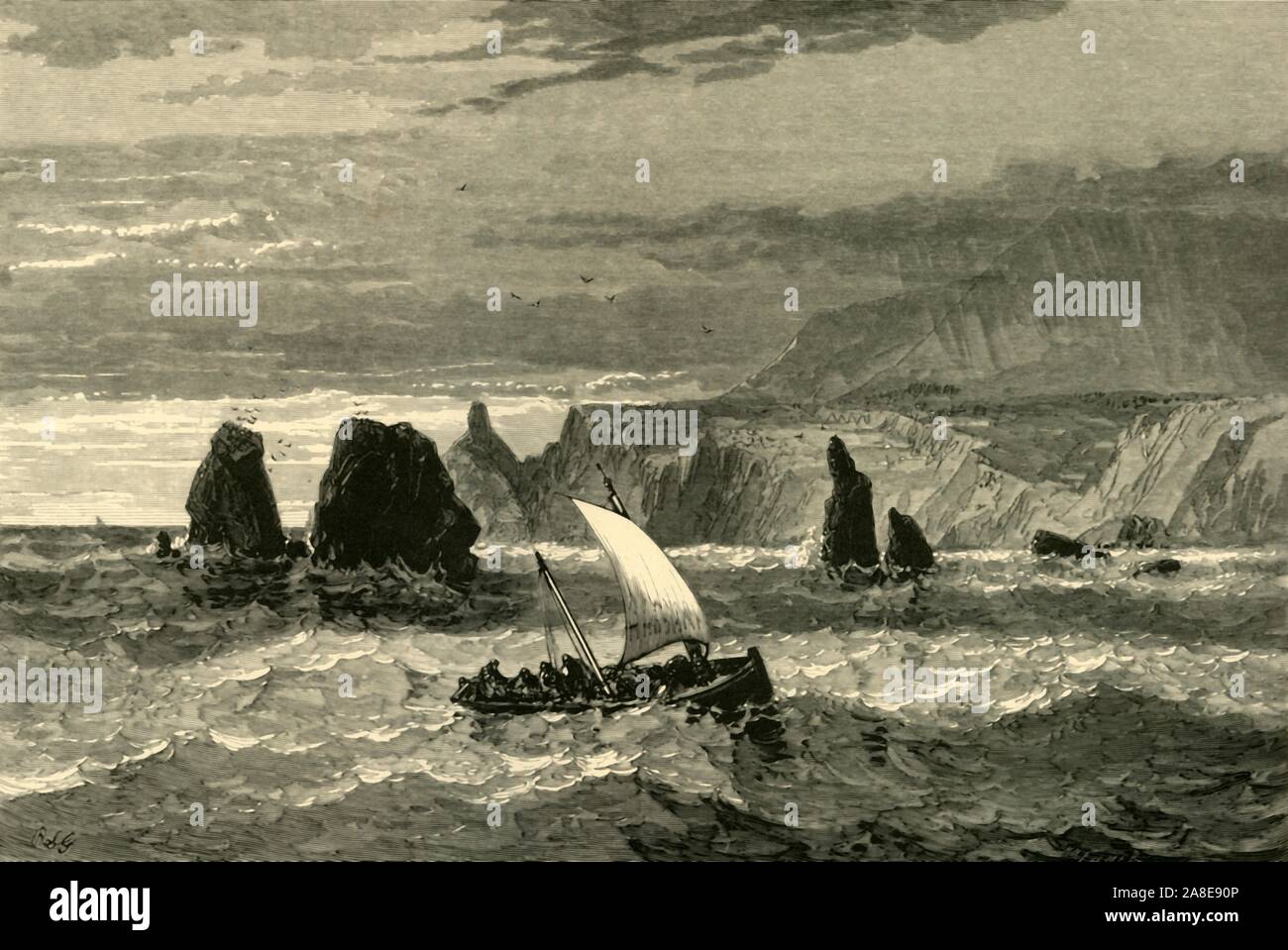 "Szene an der Mündung des Russian River", 1872. Fischerboot auf das Russian River, wo es fließt in den Pazifischen Ozean, Oregon, USA. Der Fluss hat seinen Namen von der russisch-amerikanischen Gesellschaft, die den Bereich im frühen 19. Jahrhundert erkunden. "Der Eintritt in den Mund des Russian River ist sehr malerisch. Es sind Zahlen von Schonern und Schaluppen, beladen mit Rot - Holz, einige in Richtung Norden, nach Portland - andere Süden, nach San Francisco, Monterey und so weit unten wie den Isthmus'. Von "Malerische Amerika; oder, in das Land, in der wir leben, eine Abgrenzung durch Kugelschreiber und Bleistift auf die Berge, Flüsse, See Stockfoto