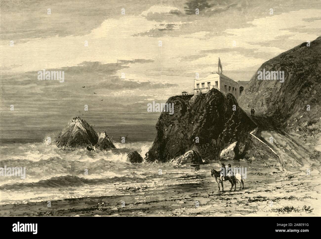 "Die "Cliff House"', 1872. Hotel am Pazifischen Ozean, San Francisco, Kalifornien, USA. Die erste Cliff House wurde 1858 erbaut. "Dies ist mit Nachdruck die malerischsten Teil von San Francisco, sowohl in seiner Umgebung und in seine Dichtung - Klippen, wo Seelöwen Bellen und Jaulen und Brüllen, ohne ihnen Angst zu machen. Die Entfernung von der Stadt ist ungefähr fünf Meilen... The Cliff House gebaut wird, wie der Name Einfuhren, auf die Stirn runzelnd Basalt; und die Straße, die Winde aus dem Ozean daher durch festen Fels geschnitten worden ist. Der bluff des Hotels ist über Hundert und dreißig Fuß in perpen Stockfoto