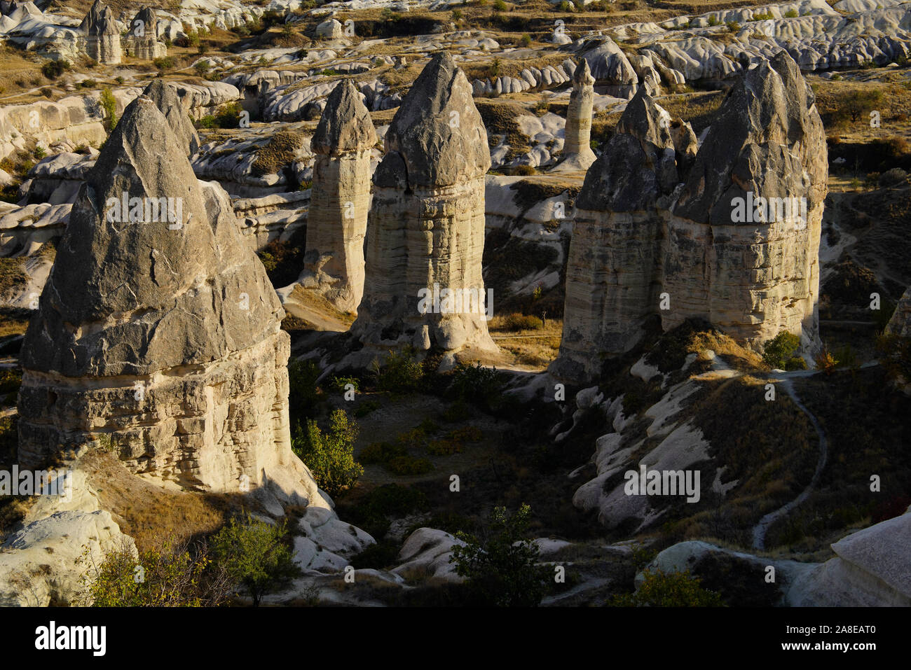 Ansicht der felsigen Landschaft außerhalb von Göreme, Nationalpark Göreme. Kappadokien, Anatolien, Türkei. Stockfoto