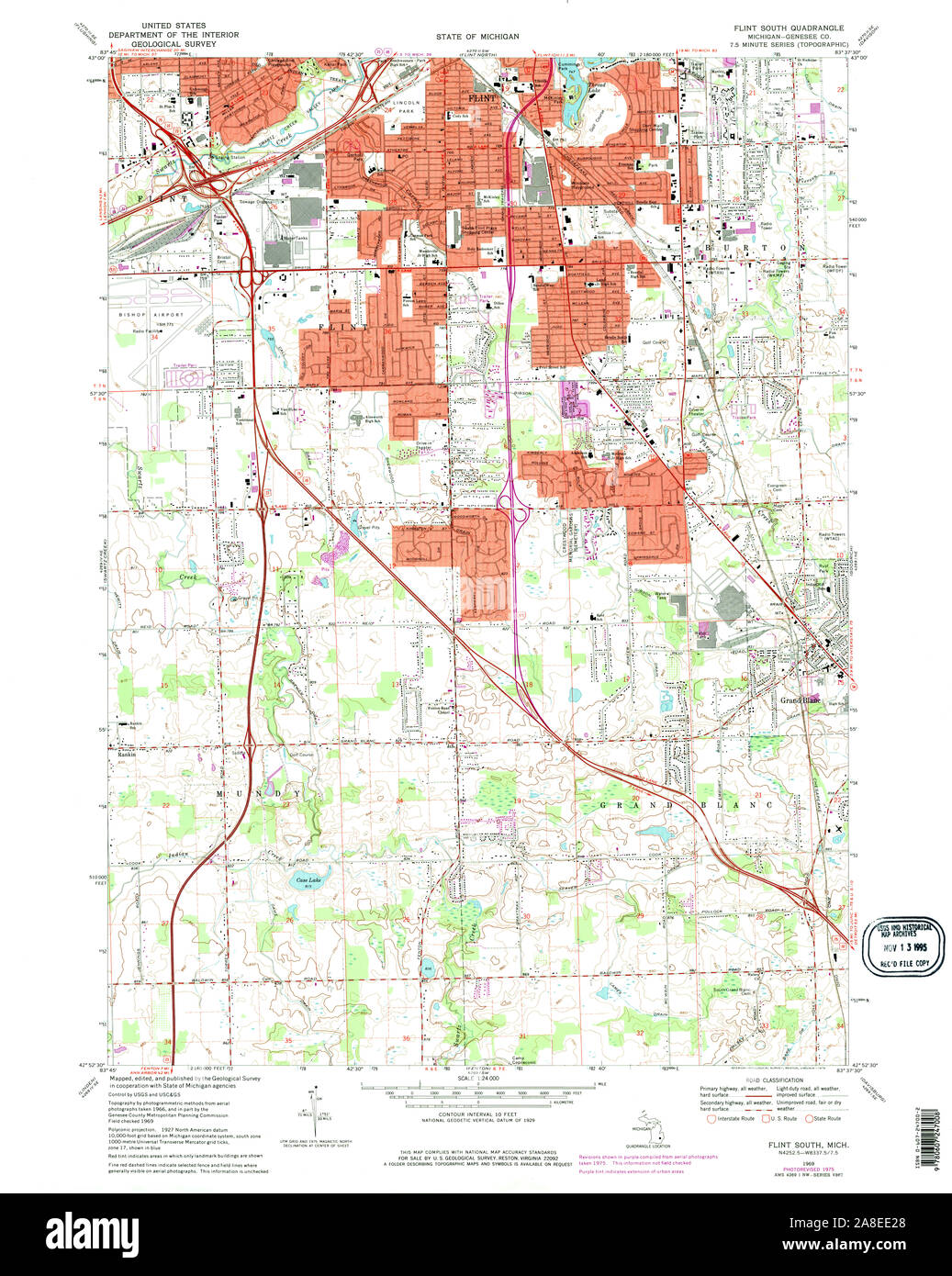 USGS TOPO Karte Michigan MI Flint Süd 276115 1969 24000 Stockfoto