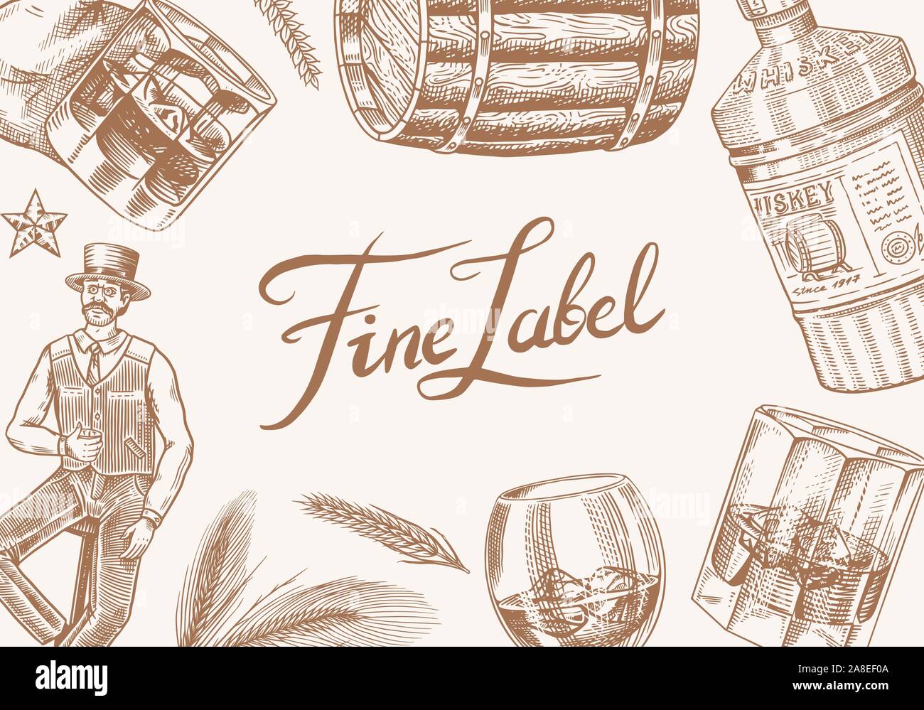 Vintage Whiskey Banner. Starken Alkohol Hintergrund. Glas Flasche, Holzfass, Scotch und Bourbon, Weizen und Roggen, viktorianischer Mann, cheers Toast Stock Vektor