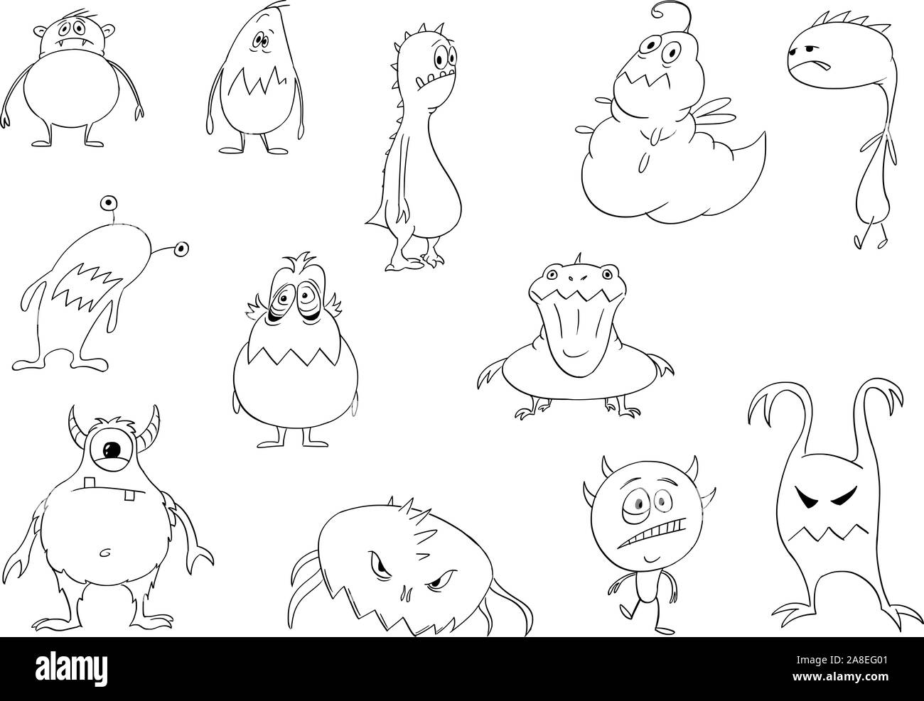 Vector schwarz-weißen Zeichnung Abbildung: Satz von cute Funny Halloween Monster Design. Malbuch für Kinder. Stock Vektor