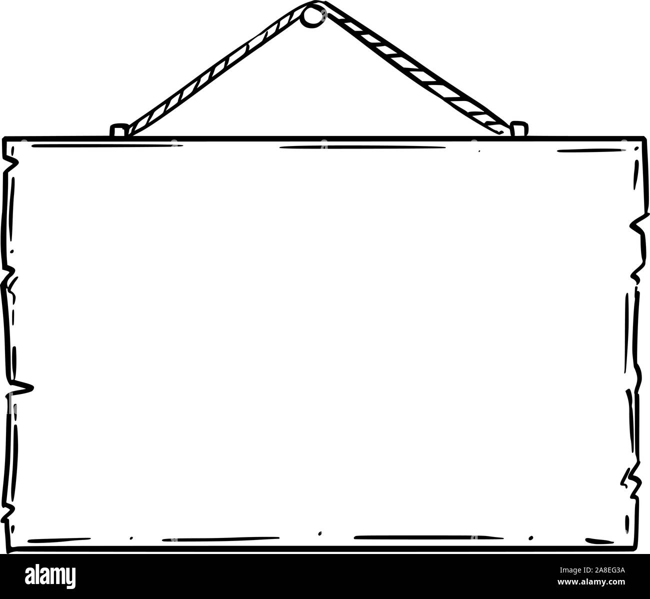 Vector schwarz und weiß doodle Handzeichnung von leeren oder leere Holz- Schild am Seil. Werbung Design. Stock Vektor Vector schwarz und weiß doodle Handzeichnung von leeren oder leere Holz- Schild am Seil. Werbung Design. Stock Vektor