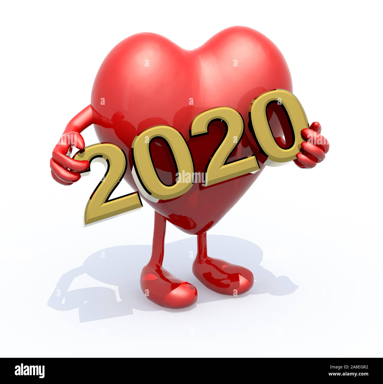 Cartoon Herz mit Armen, Beinen und die 3-D-Beschriftung 2020, 3D-Darstellung Stockfoto