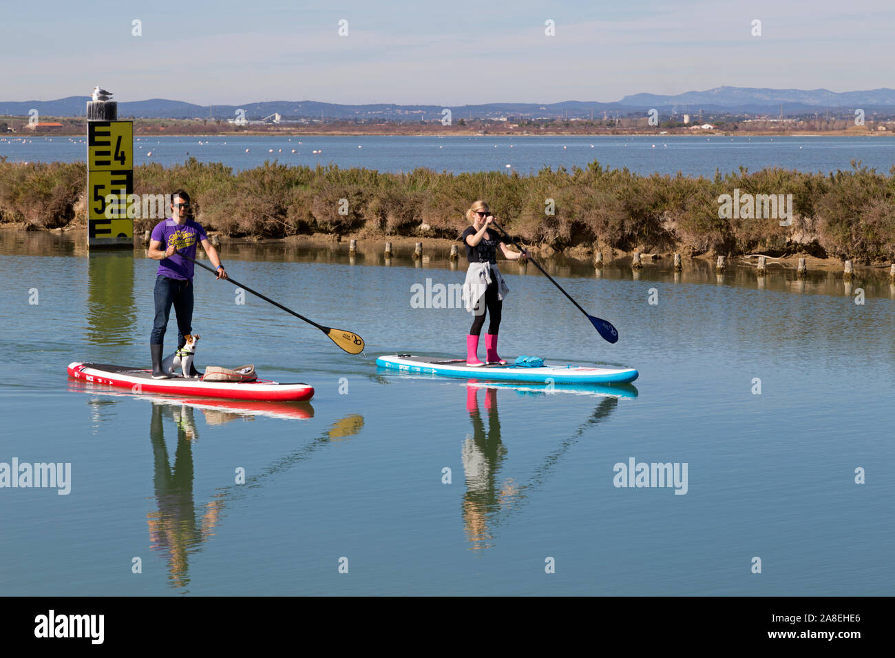 Stand Up Paddle Praxis auf dem Canal du Rhône in Sete, Palavas-les-Flots, Occitanie Frankreich Stockfoto