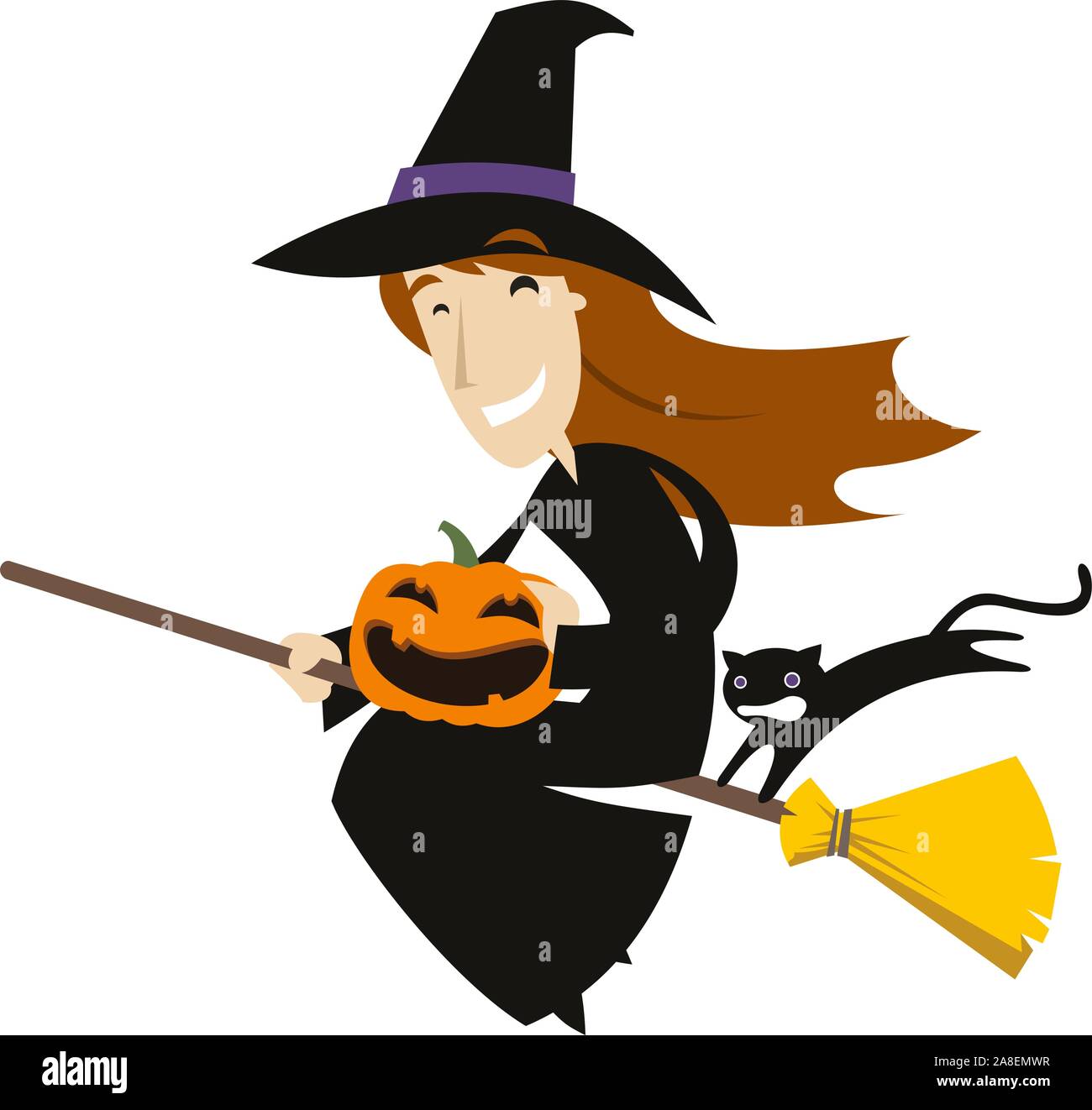 Halloween Besen fliegende Hexe Hut mit Kürbis und Schwarze Katze Stock Vektor