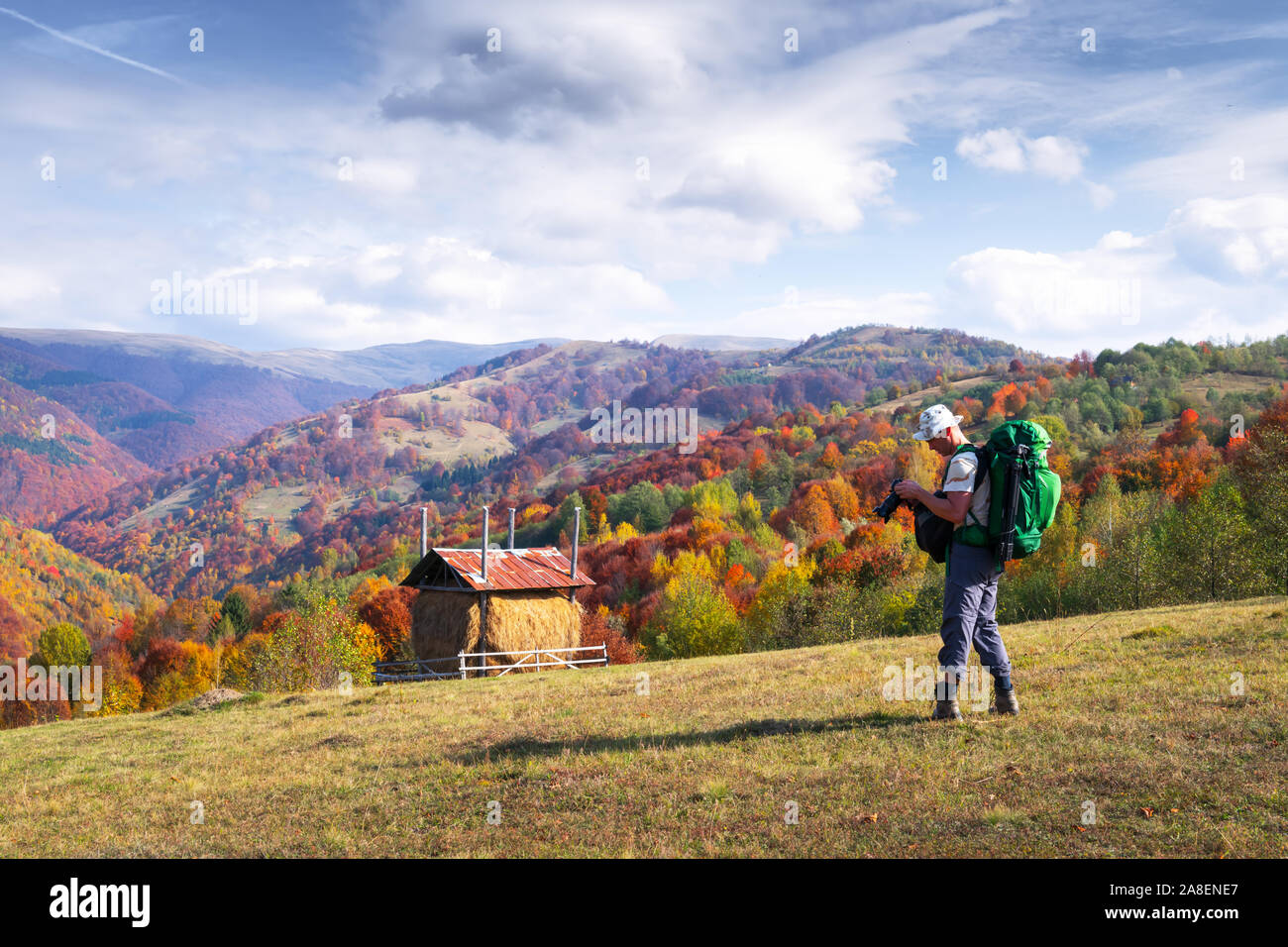 Fotograf, Foto, Herbst Landschaft mit Nebel Gipfeln und Orangenbäumen. Ukrainische Karpaten Stockfoto