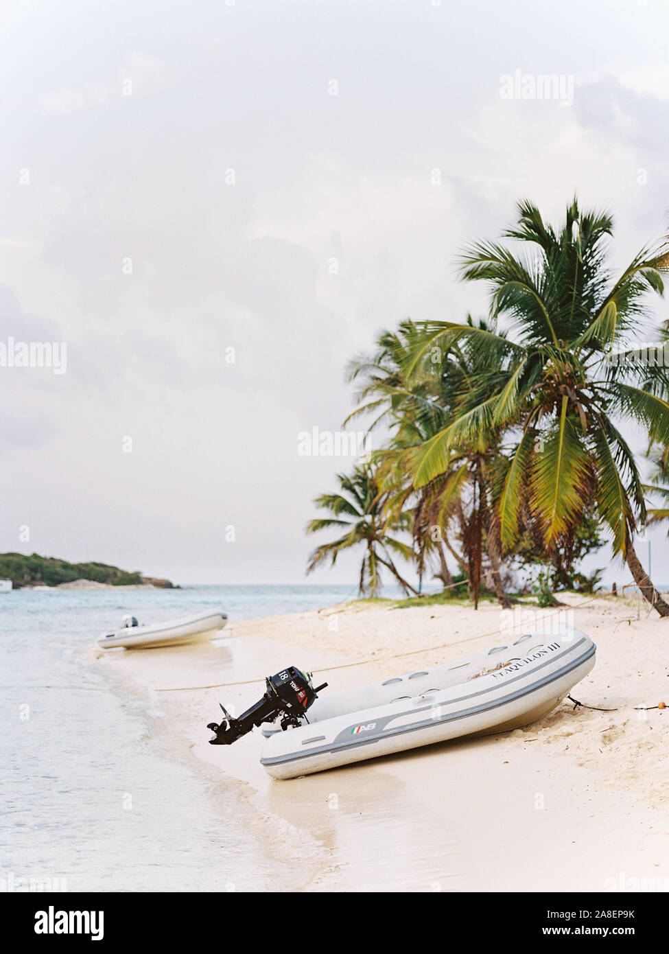 Eine isolierte Palmen gesäumten Strand in St. Vincent und die Grenadinen mit einem kleinen Beiboot während der Abendstunden mit einem bewölkten Himmel. Stockfoto