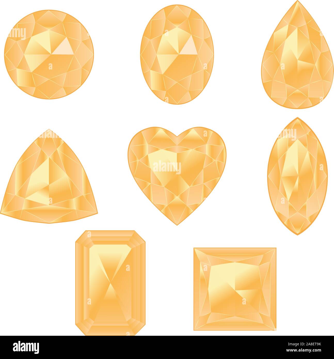 Kostbare Edelsteine, Kristalle von gelber Farbe in verschiedenen Formen Kollektion. Stock Vektor
