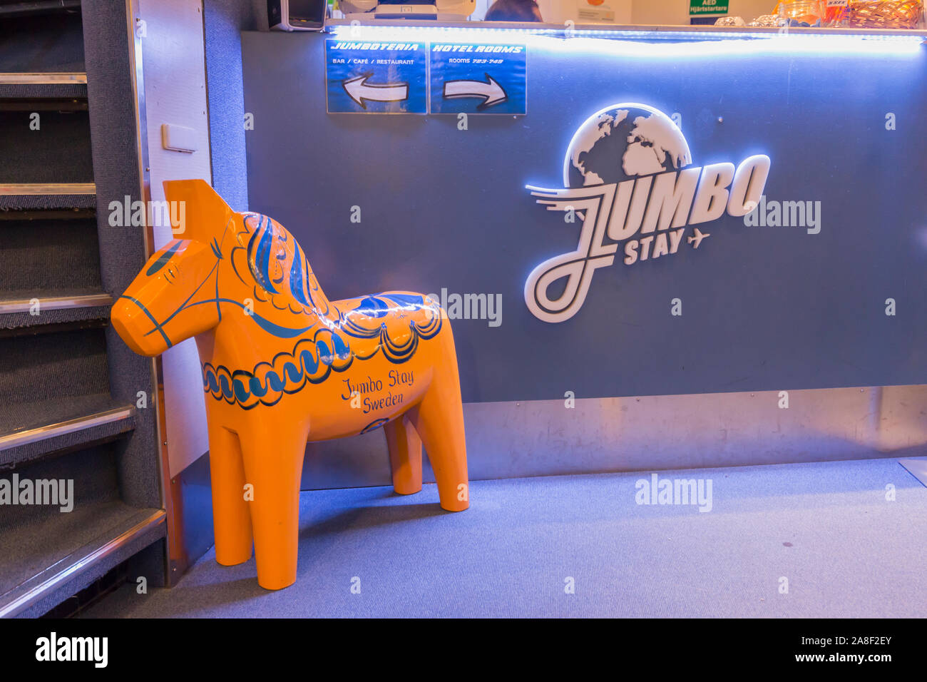 Jumbo Stay Hotel in Stockholm Flughafen Rezeption innerhalb einer Boeing 747-Flugzeuge, Stockholm, Schweden 2019 Stockfoto