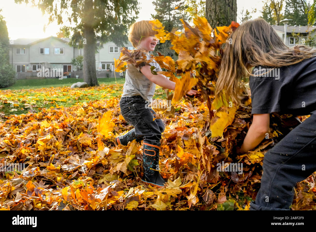 Jungen spielen mit Blättern im Herbst. Stockfoto