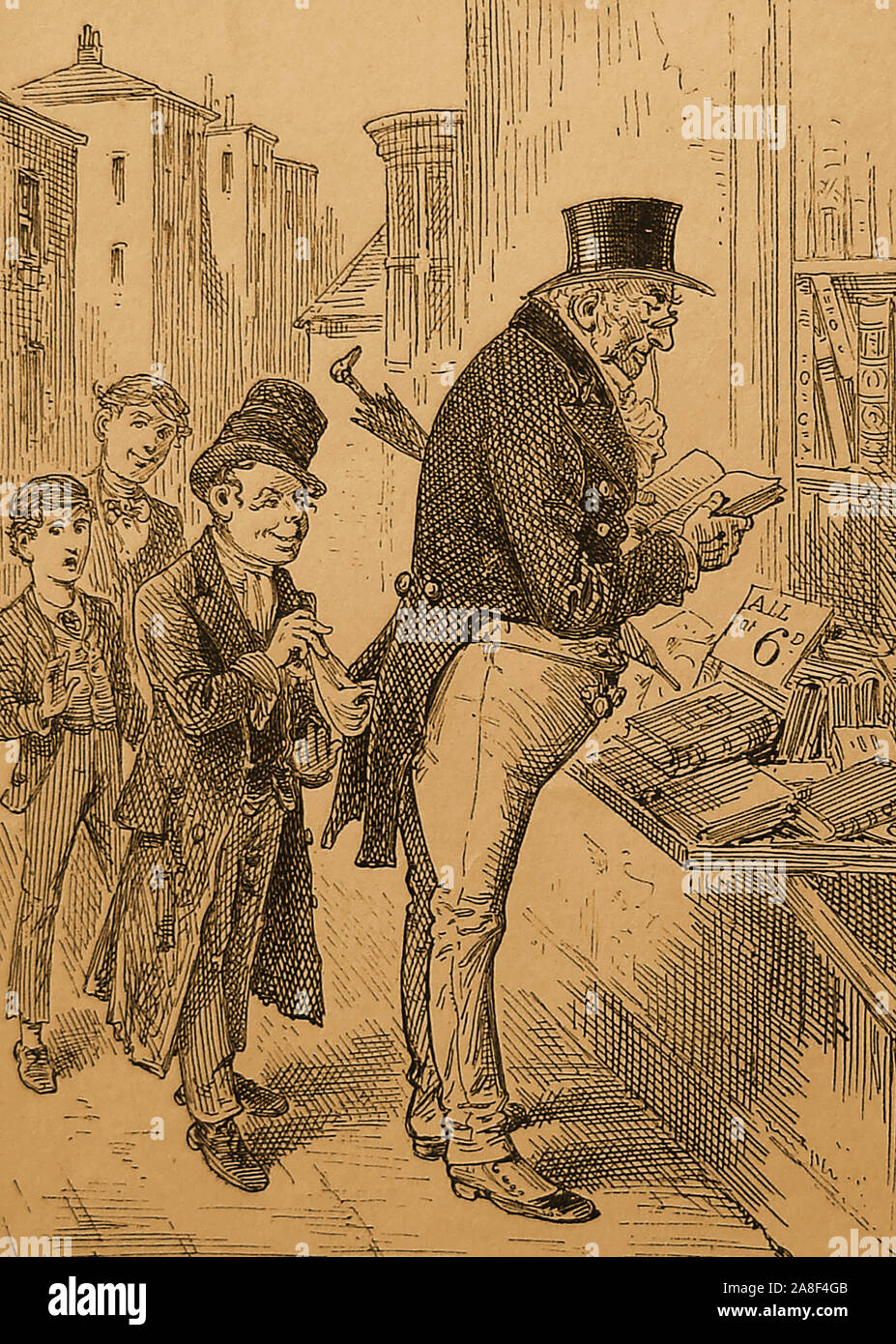 1885 Illustration - Oliver Twist Die Geschichte der Waise Oliver Twist, die in die Lehre bei einem leichenbestatter verkauft wird. Nach der Flucht reist er nach London, wo er den "Artful Dodger", ein Mitglied einer Bande von Jugendlichen Taschendieben durch einen älteren Gauner Fagin. Oliver Twist led ist schockiert, als die Artful Dodger Herr Brownlow's Taschentuch stiehlt am Bücherstand. (Charles Dickens) Stockfoto