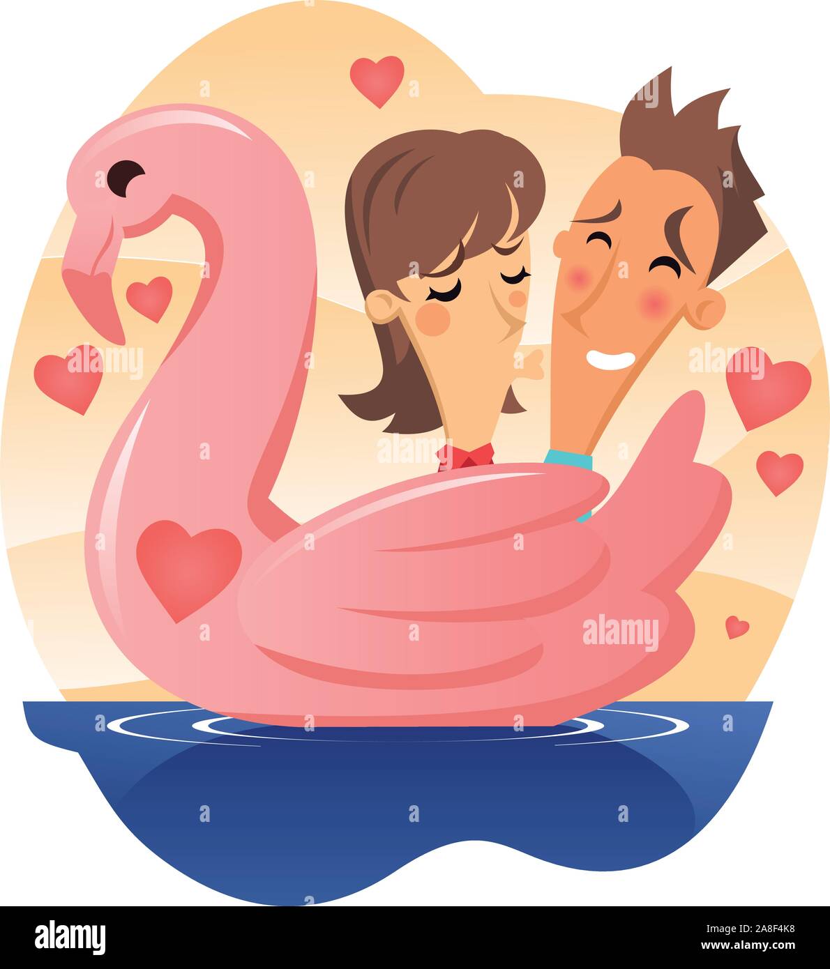 Liebe Swan Boot Frau küssen schüchterner Mann cartoon Stock Vektor