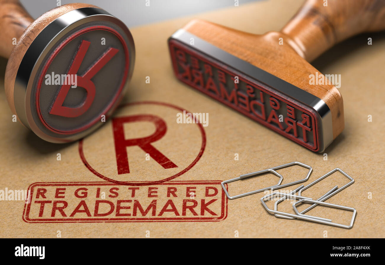 3D-Abbildung von zwei Stempel mit dem Text eingetragenes Warenzeichen und das Symbol R über braunes Papier Hintergrund. Marke Registrierung Konzept Stockfoto