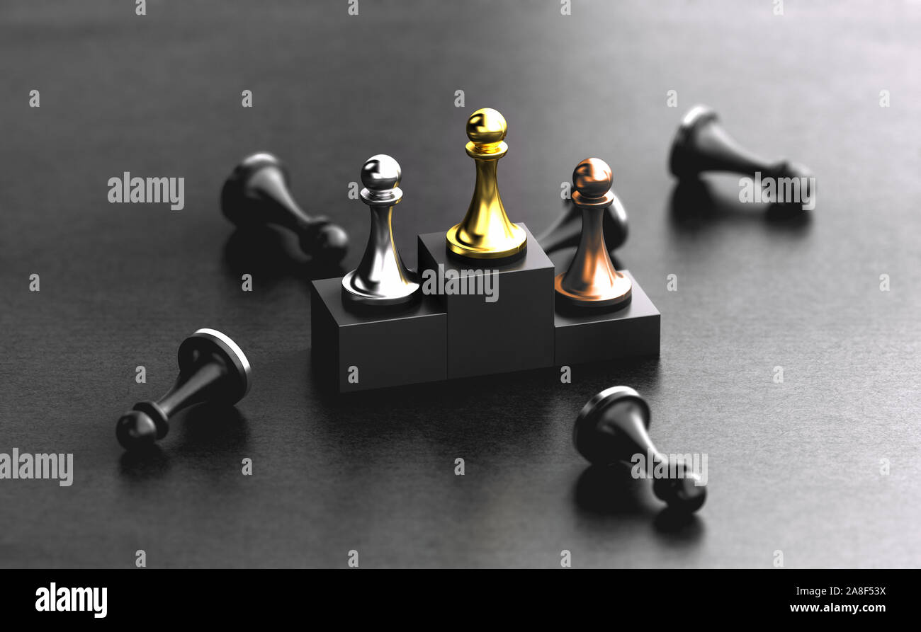 3D-Darstellung eines Podium mit goldenen, silbernen und bronzenen Figuren auf schwarzem Hintergrund. Konzept der Wettbewerb oder die Gewinner des Wettbewerbs. Stockfoto