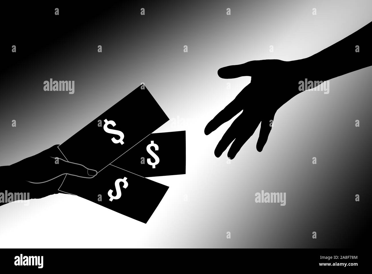 Konzept zum Thema der Schattenwirtschaft in der Welt. Eine Hand hält aus Geld, und der andere nimmt. Bargeldumsätze Stockfoto