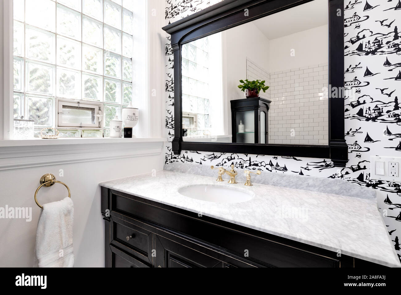 Ein luxuriöses Badezimmer in einer Eigentumswohnung in der Innenstadt von Chicago mit Granit und Gold Hardware, dunklem Holz Waschtisch und eine mit schwarzen und weißen Hintergrund. Stockfoto