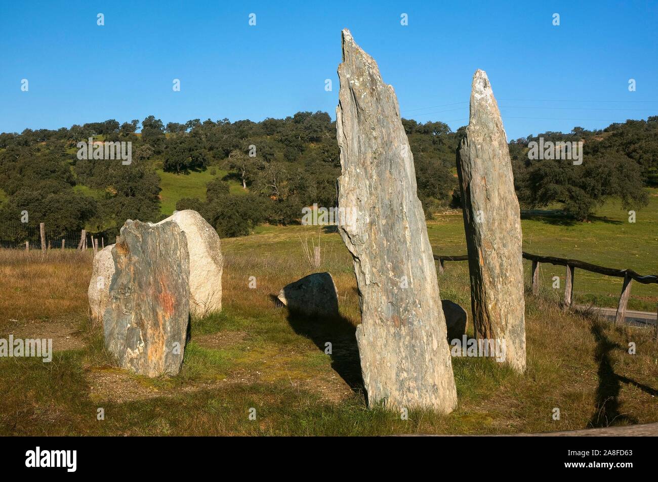 Cromlech La Pasada del Abad - zwischen 3000 und 2500 v. Chr., Megalith-monument, Rosal de la Frontera, Provinz Huelva, Andalusien, Spanien, Europa. Stockfoto