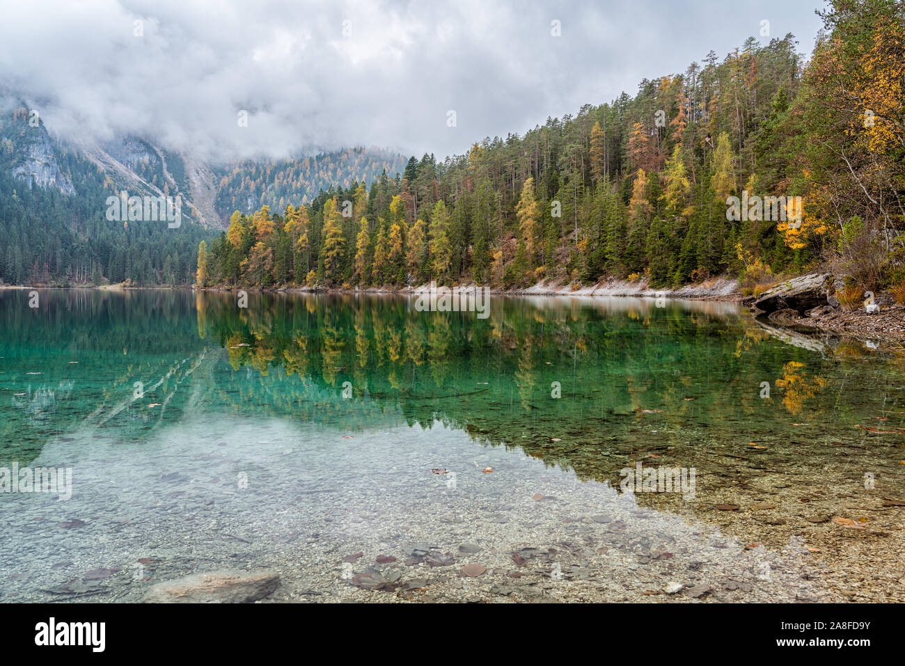 Idyllische herbstliche Ansicht in Lake Tovel, Val di Non, Provinz Trento, Trentino-Südtirol, Italien. Stockfoto