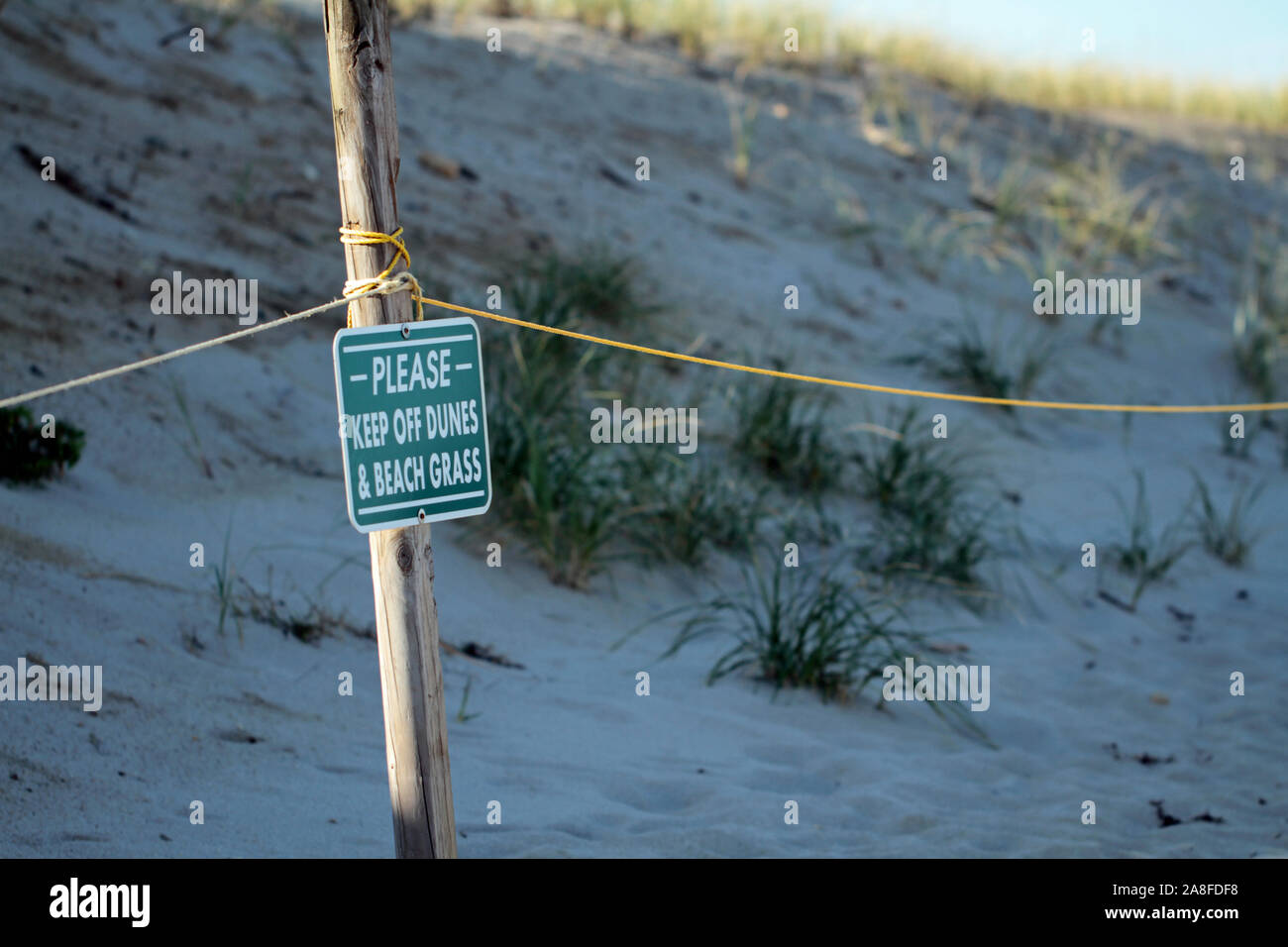 Bereich mit posted Warnschild Kennzeichnung geschützter Dünen und Strand, Gras an der Nauset Beach, Orleans, Massachusetts Roped Stockfoto