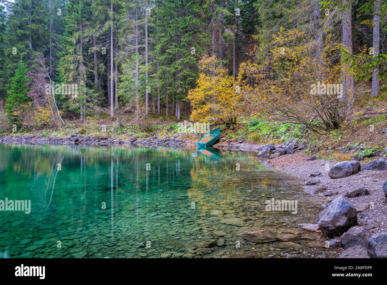 Idyllische herbstliche Ansicht in Lake Tovel, Val di Non, Provinz Trento, Trentino-Südtirol, Italien. Stockfoto