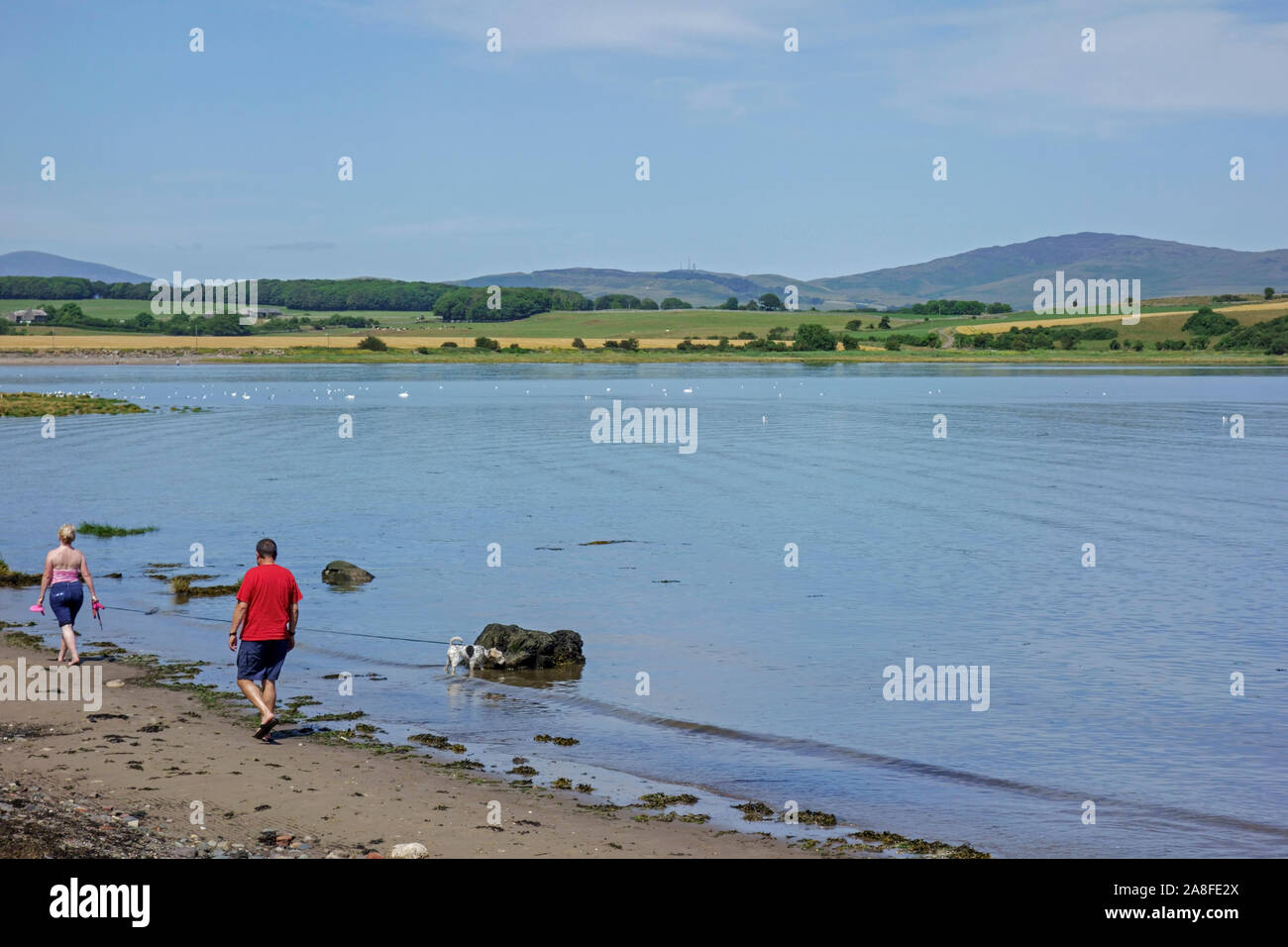 Menschen zu Fuß am Strand von Garlieston in Wigtownshire, Dumfries und Galloway, Schottland, Großbritannien. Stockfoto