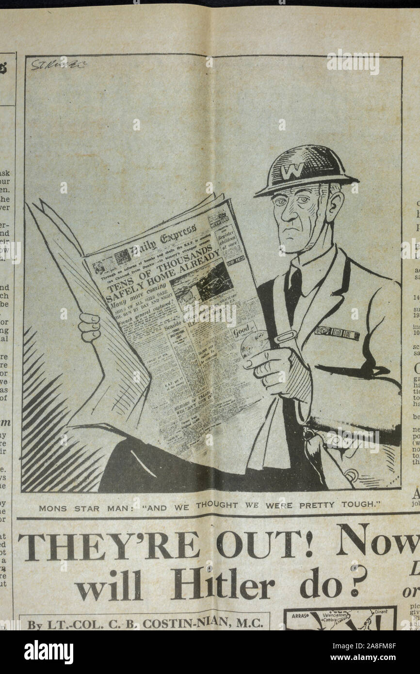 Cartoon Hervorhebung Tapferkeit des Ersten Weltkrieges Soldaten und denen, die gerettet die Dünkirchen Strände in der Daily Express Zeitung (Nachbau) am 31. Mai 1940. Stockfoto