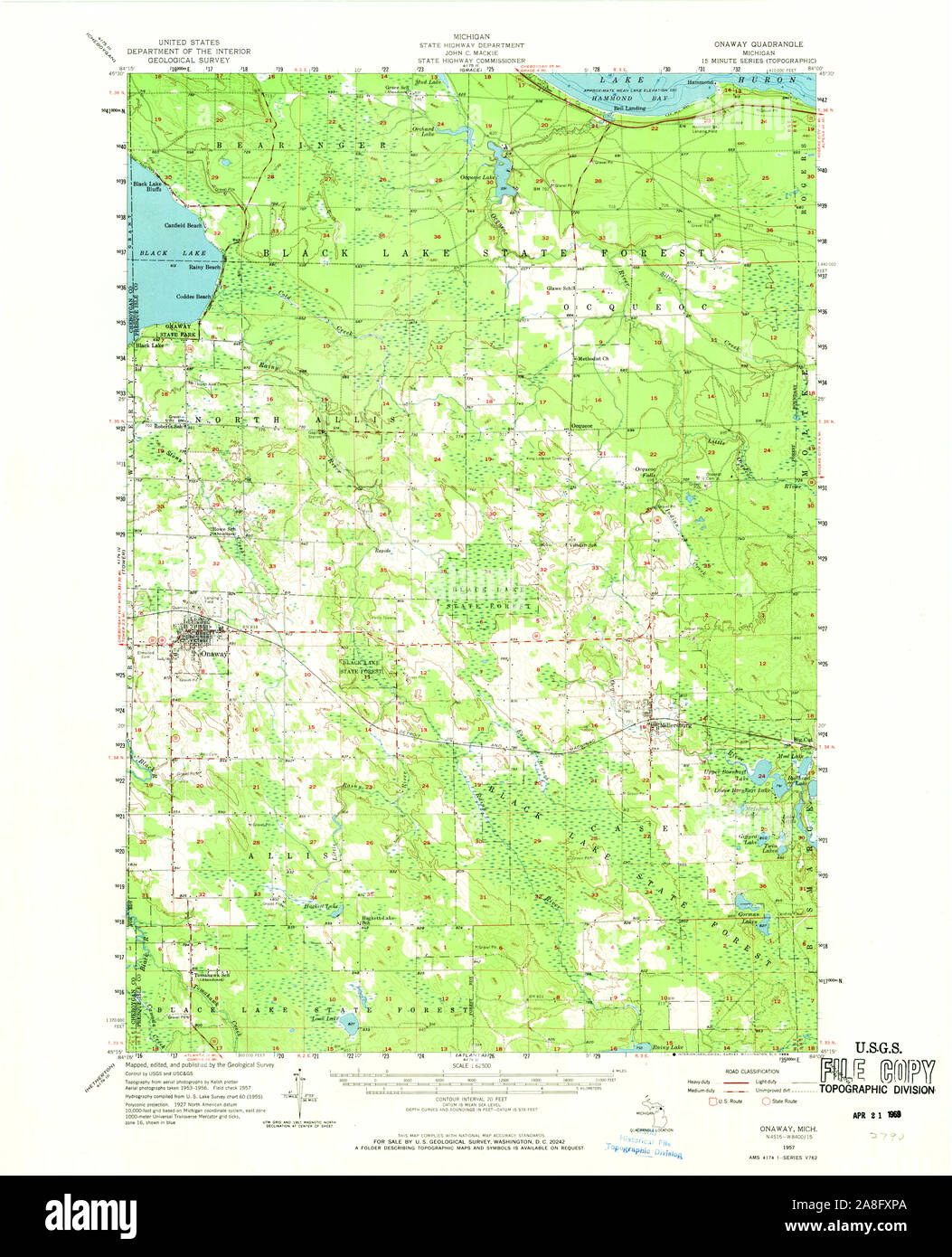 USGS TOPO Karte Michigan MI Onaway 278393 1957 62.500 Stockfoto