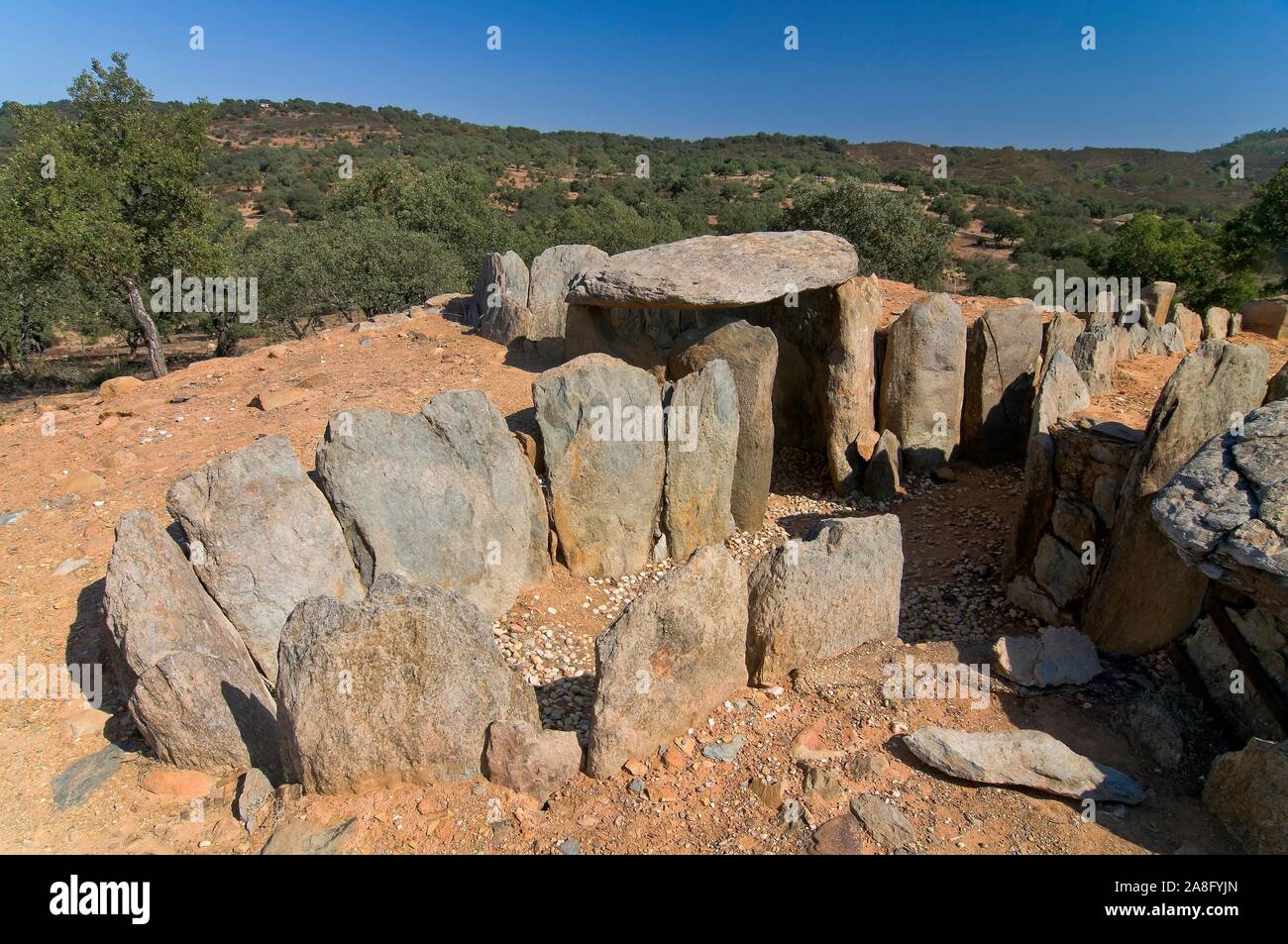 Dolmen von El Pozuelo, Fuencaliente La Real. Der Provinz Huelva, Andalusien, Spanien, Europa. Stockfoto