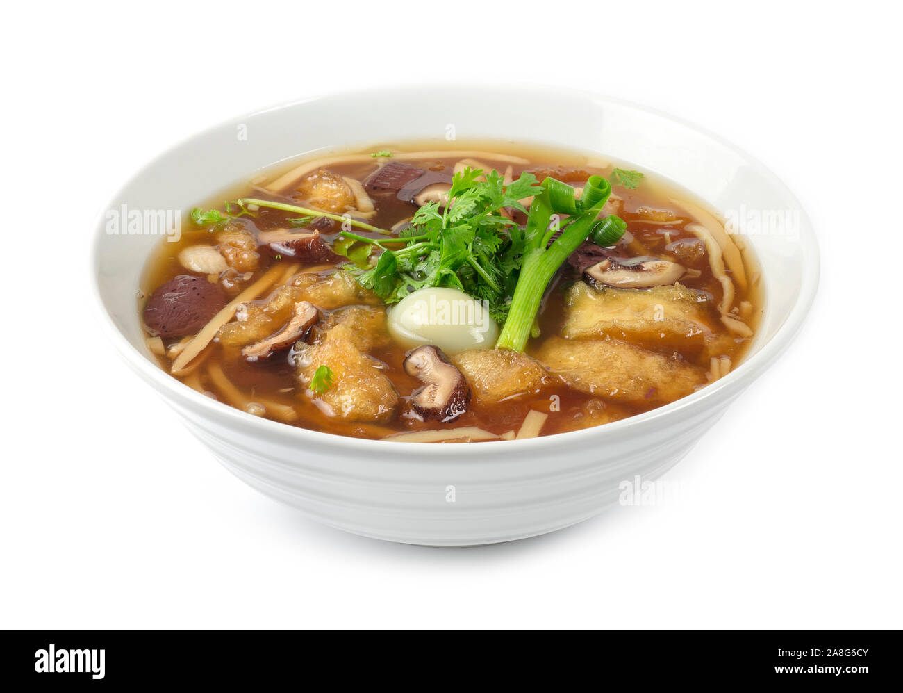 Fisch maw mit gekochte Wachteleier und Blut Schwein in roter Soße Suppe im chinesischen Stil dekorieren Koriander, Frühlingszwiebeln Seitenansicht Stockfoto