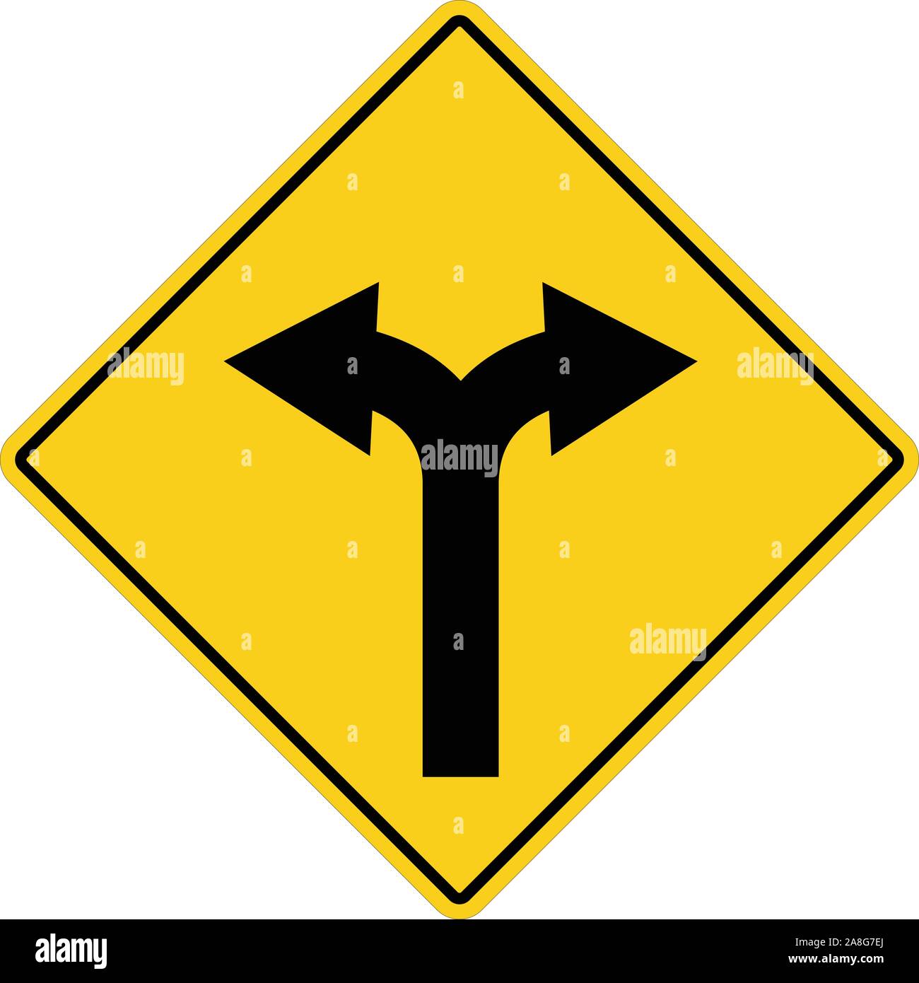 Gelbes Schild mit zwei Pfeilen. Fork Road gelbes Warnsymbol. zwei Richtungen auf gelbem Schild. Stock Vektor